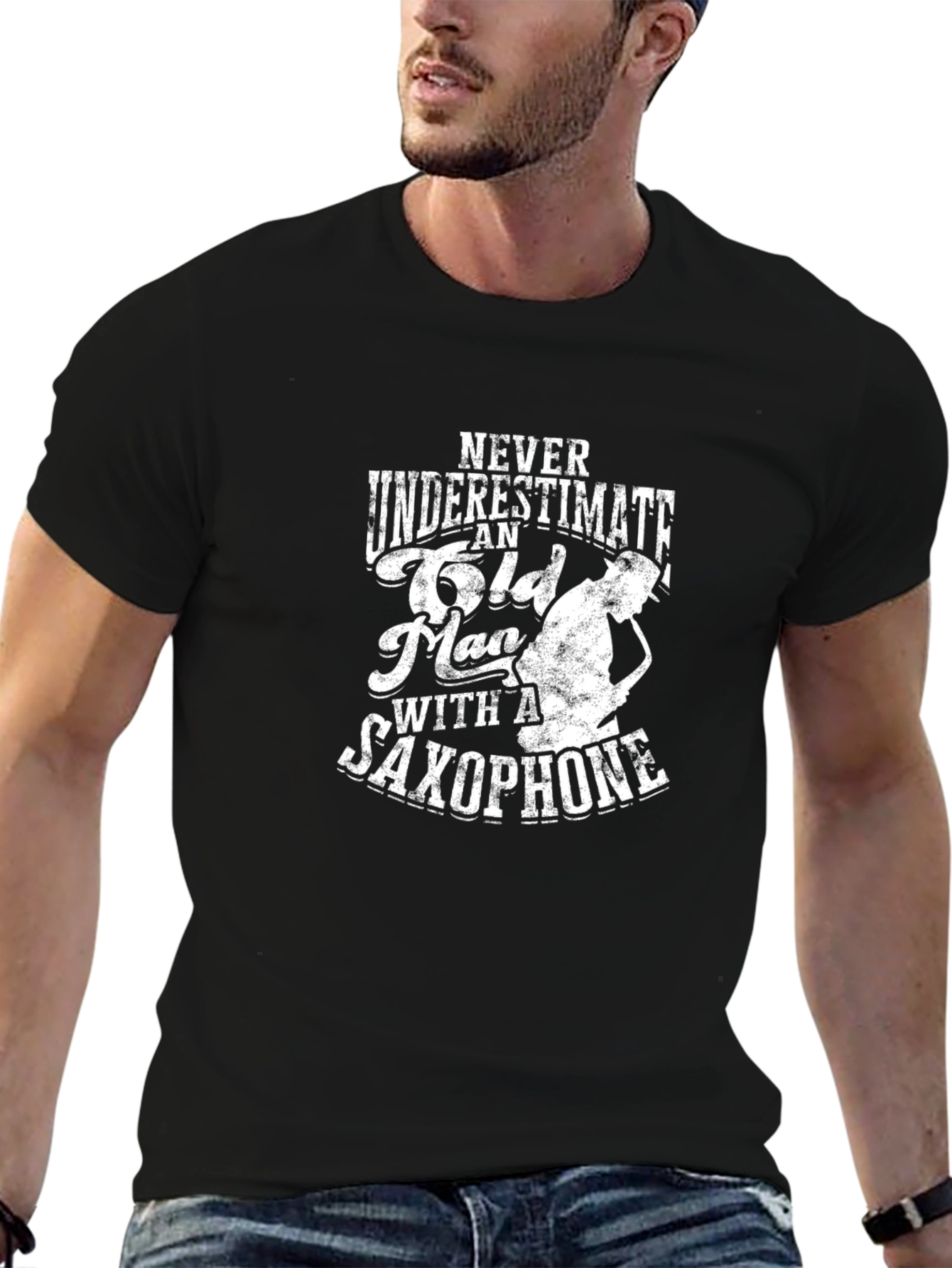 Saxophone Old Man Graphic Tee - Black