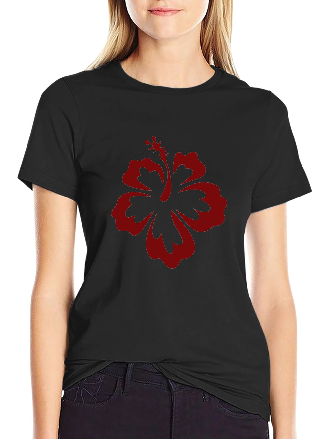 Black T-Shirt with Red Hibiscus Flower Graphic