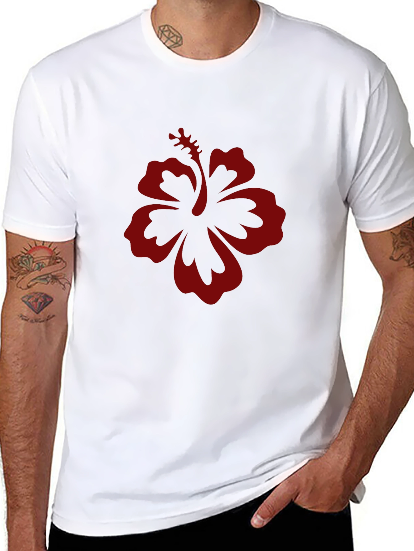 Black T-Shirt with Red Hibiscus Flower Graphic