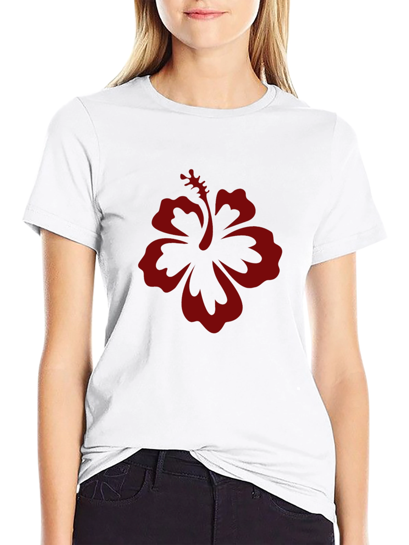 Black T-Shirt with Red Hibiscus Flower Graphic