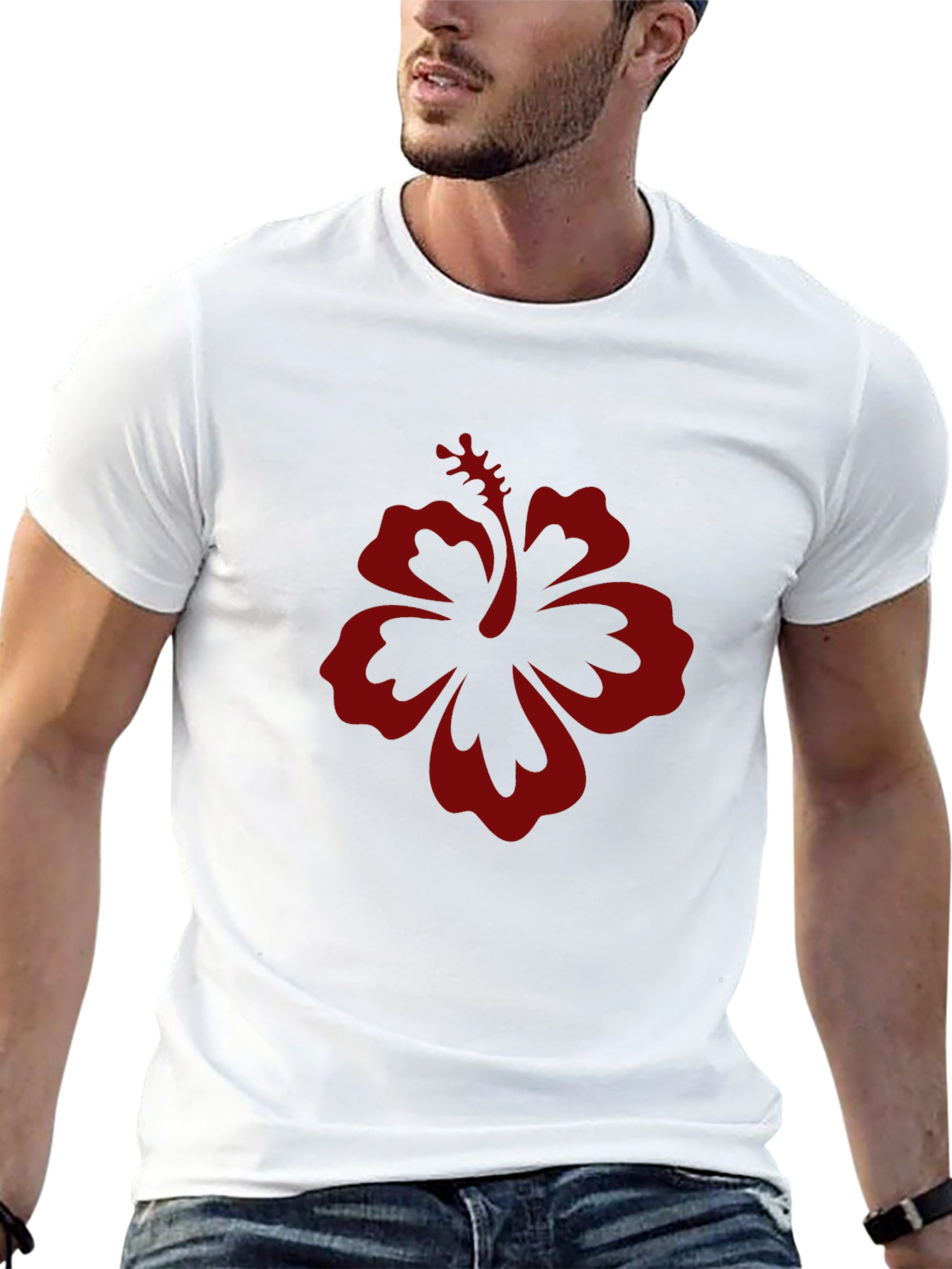 Black T-Shirt with Red Hibiscus Flower Graphic
