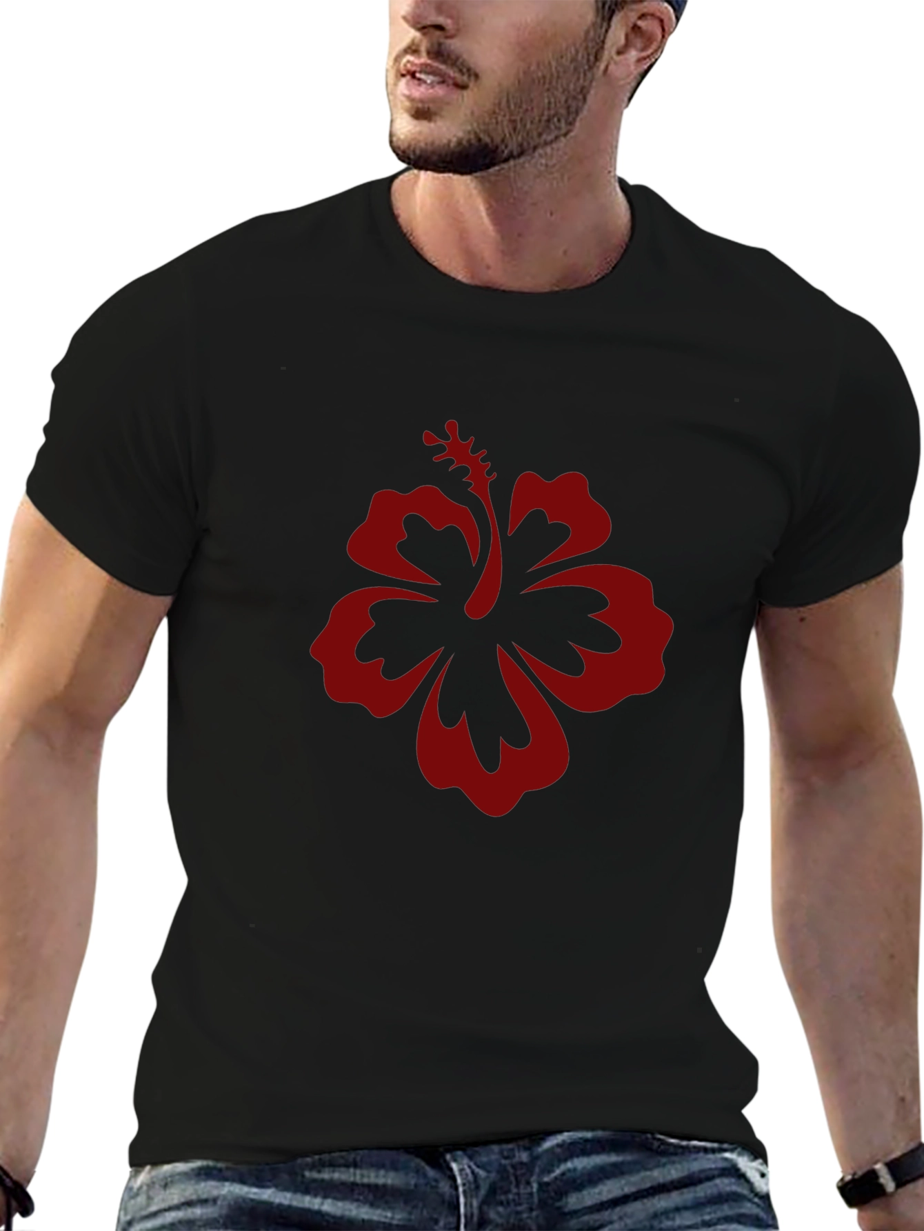 Black T-Shirt with Red Hibiscus Flower Graphic