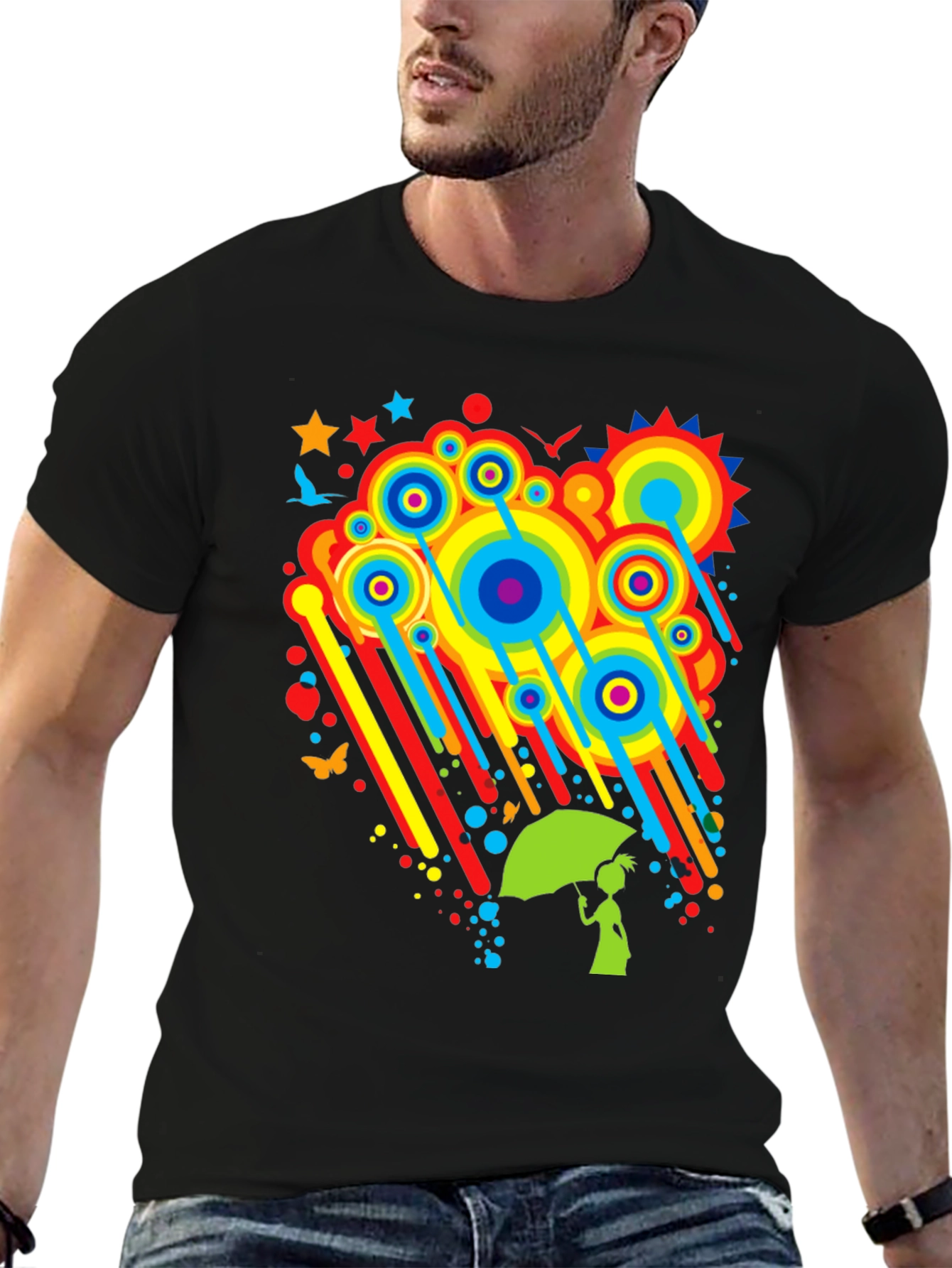 Rainbow Rain Black T-Shirt - Funky Graphic Tee