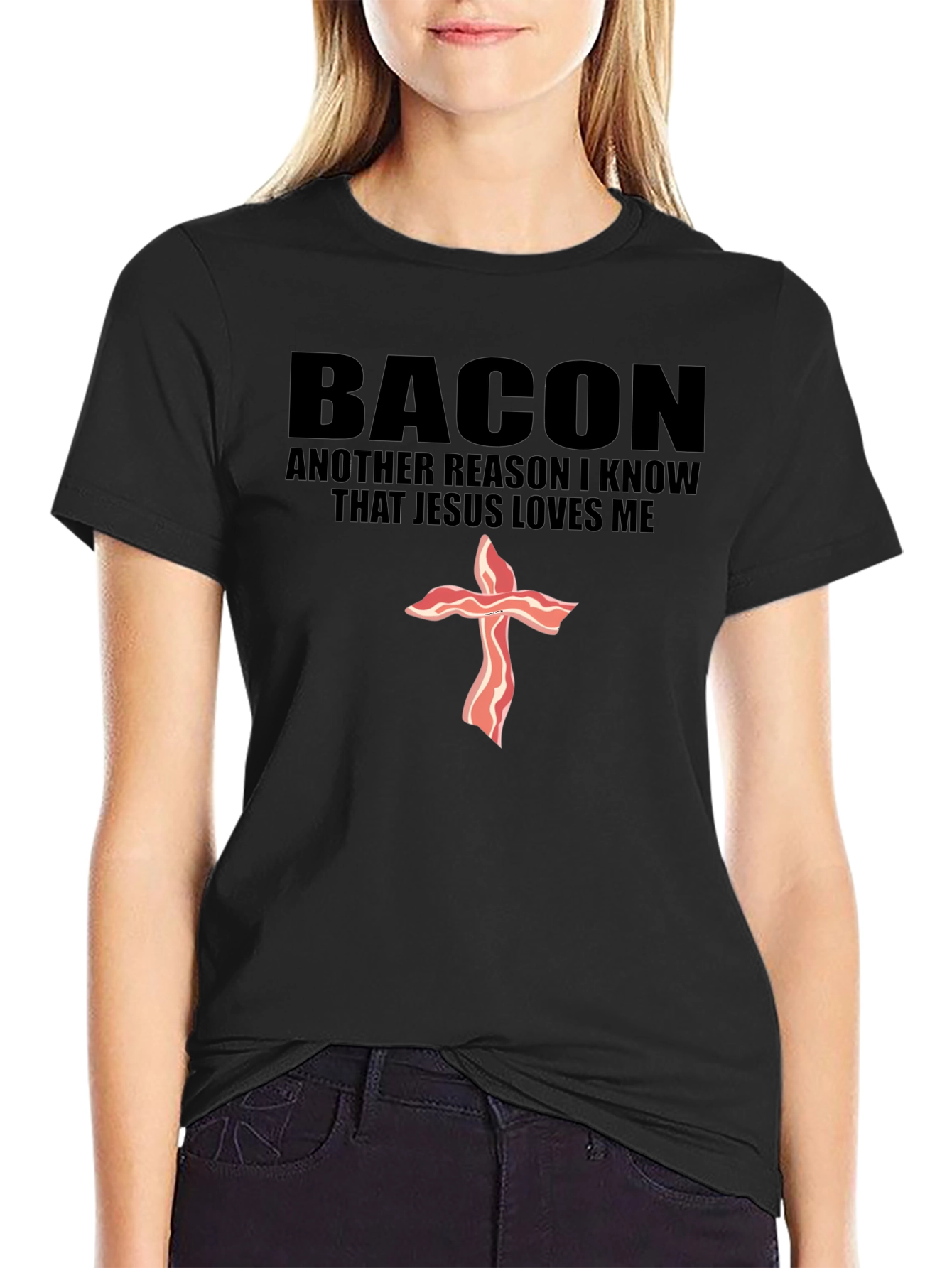 Bacon Jesus Loves Me Black T-Shirt