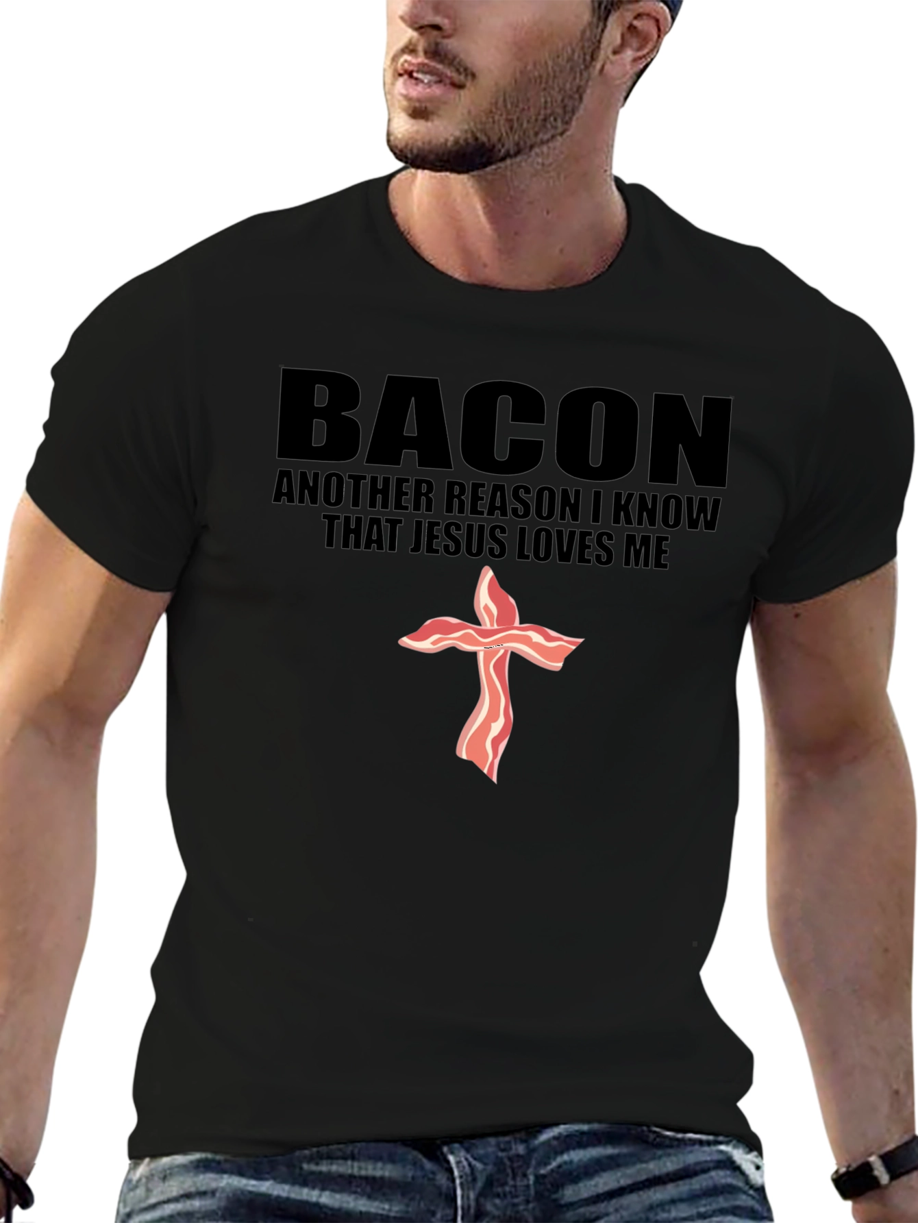 Bacon Jesus Loves Me Black T-Shirt