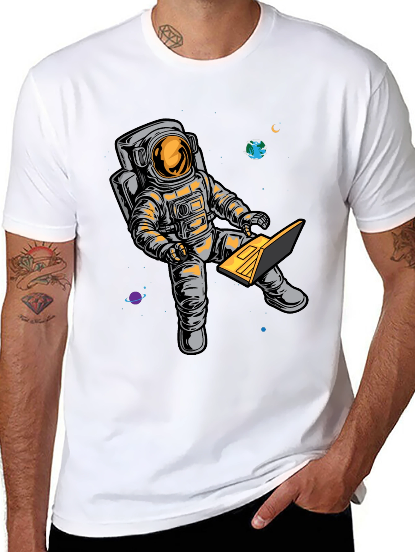 Astronaut Laptop Graphic T-Shirt - Space Lover Tee