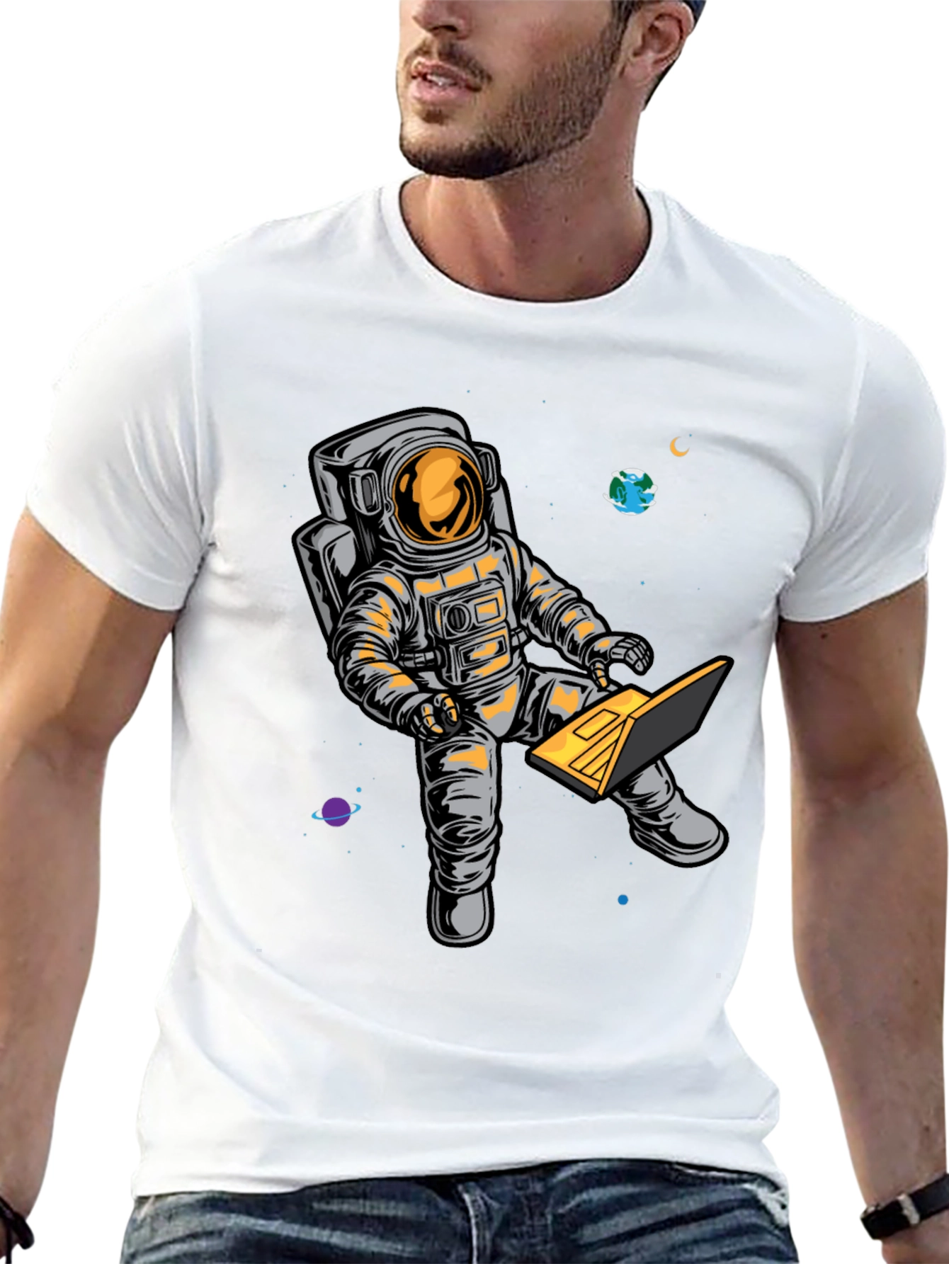 Astronaut Laptop Graphic T-Shirt - Space Lover Tee