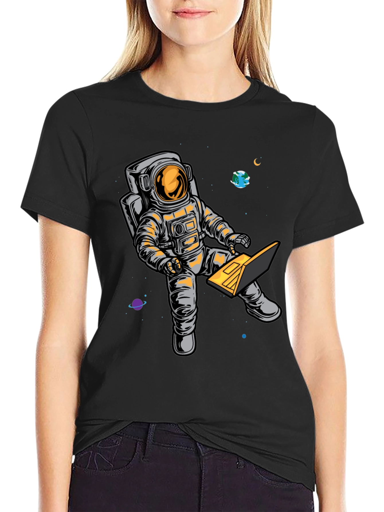 Astronaut Laptop Graphic T-Shirt - Space Lover Tee