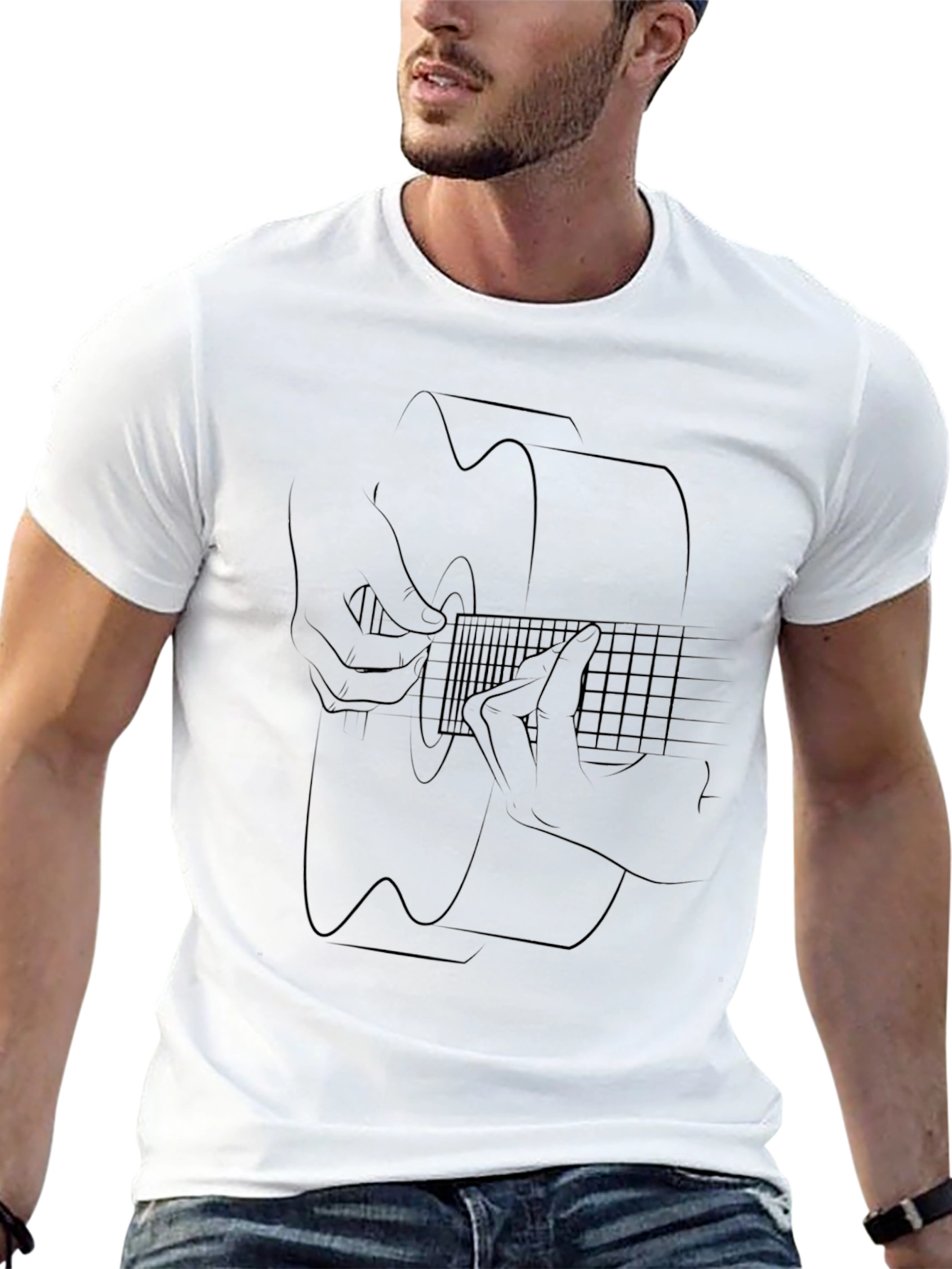 Acoustic Guitar Line Art T-Shirt - Black