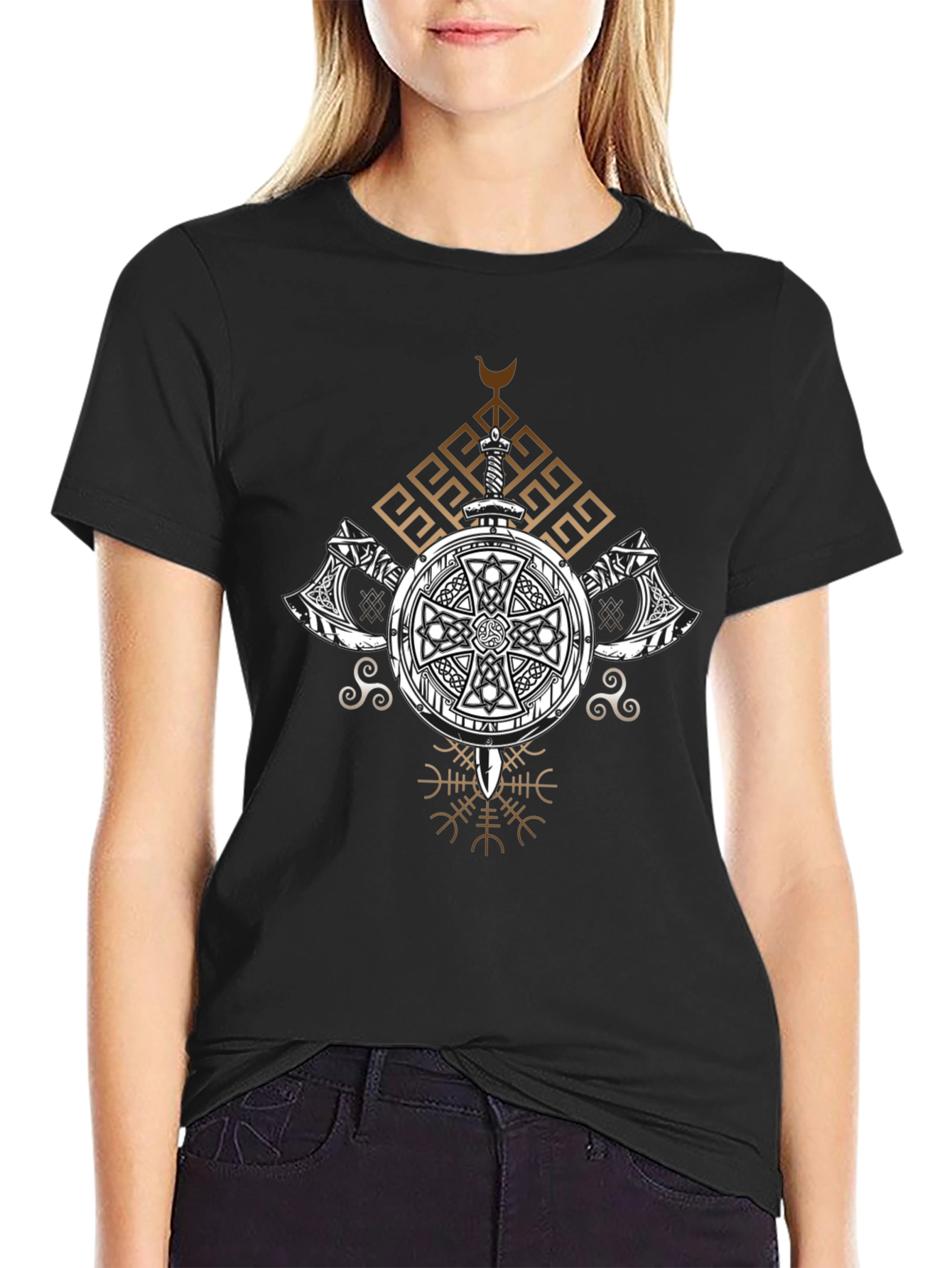 Viking Shield T-Shirt - Sword and Axe Design
