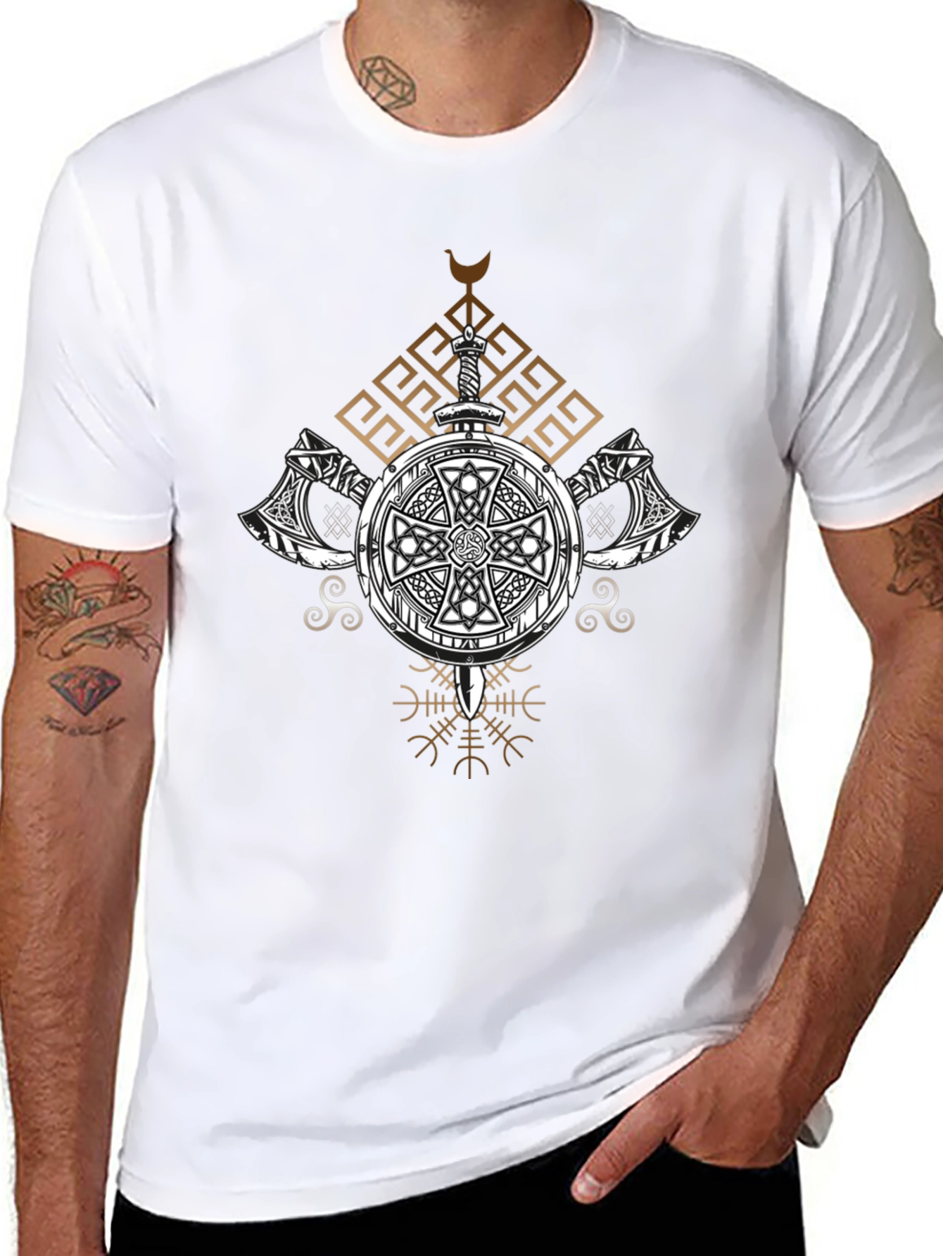 Viking Shield T-Shirt - Sword and Axe Design