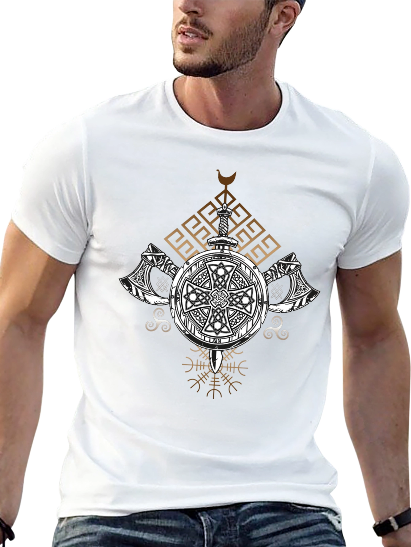 Viking Shield T-Shirt - Sword and Axe Design