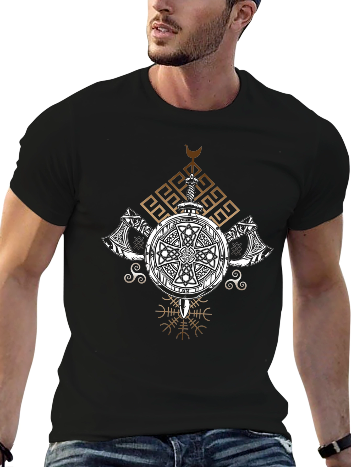 Viking Shield T-Shirt - Sword and Axe Design