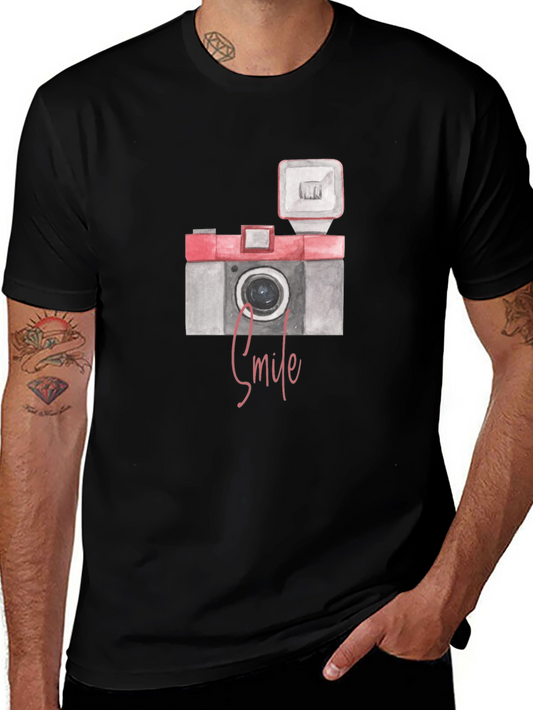 Vintage Camera Smile Graphic Tee - Black Cotton
