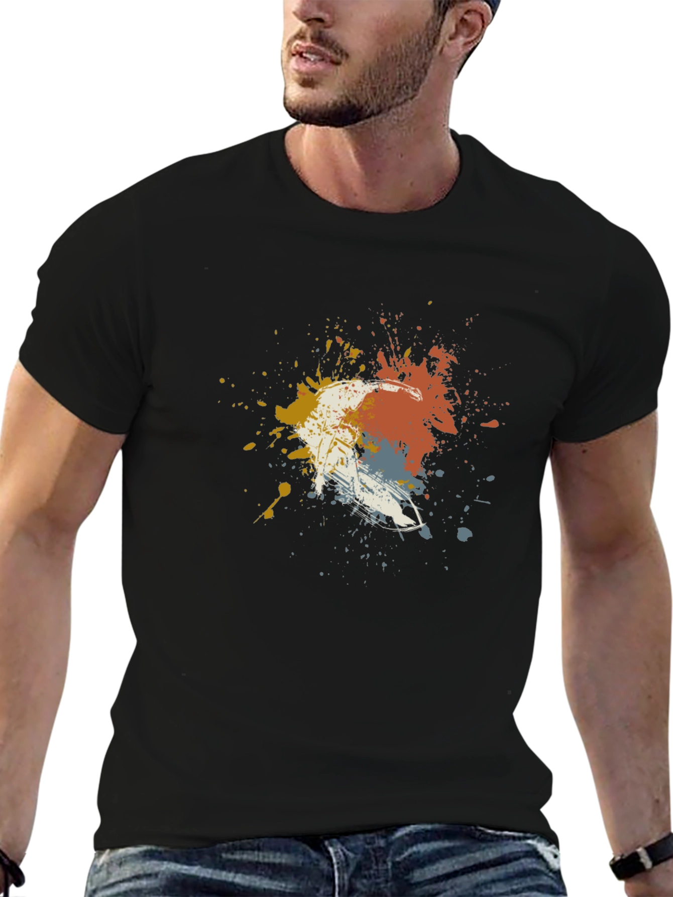 Abstract Paint Splatter Skier Graphic T-Shirt - Black
