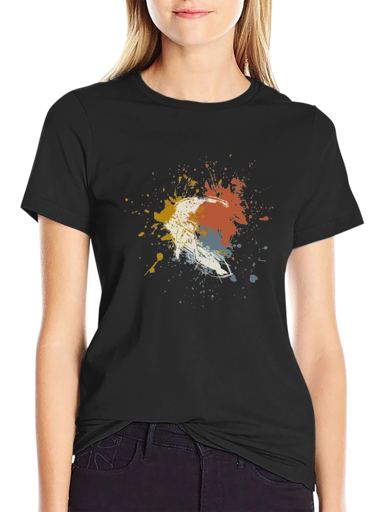 Abstract Paint Splatter Skier Graphic T-Shirt - Black