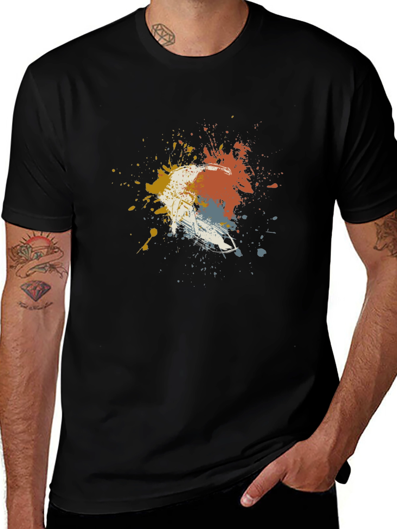 Abstract Paint Splatter Skier Graphic T-Shirt - Black