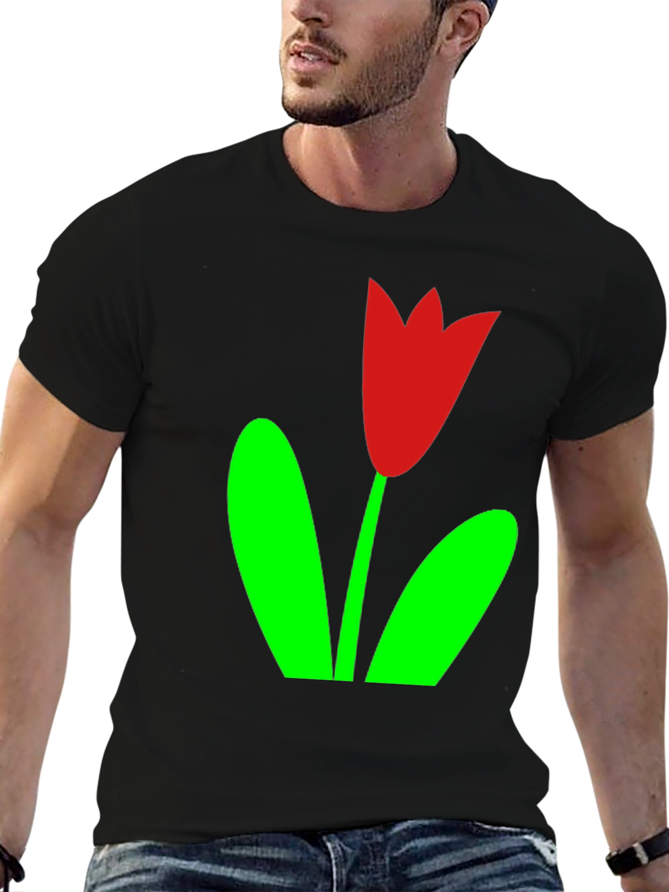 Black T-Shirt with Red Tulip Graphic
