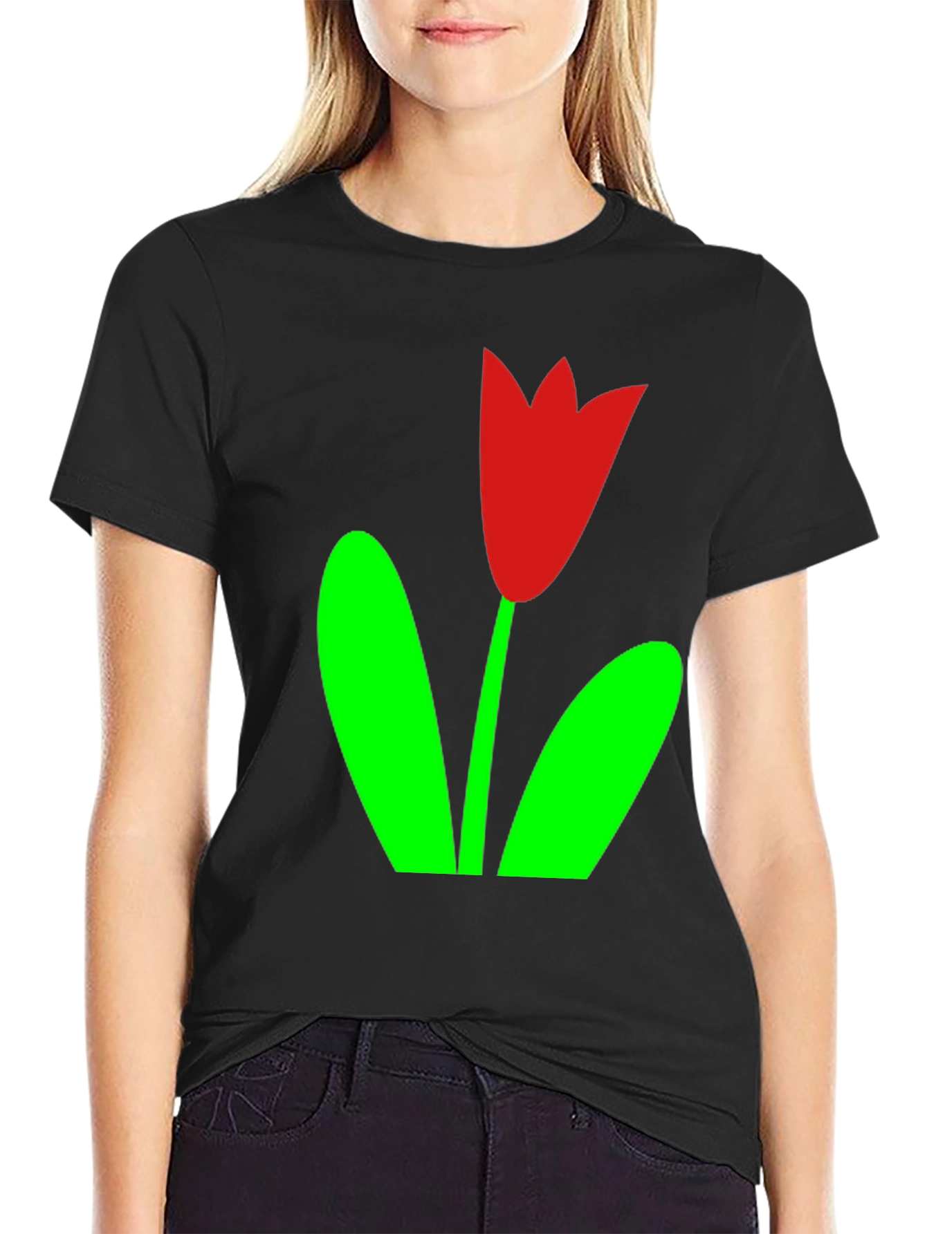 Black T-Shirt with Red Tulip Graphic