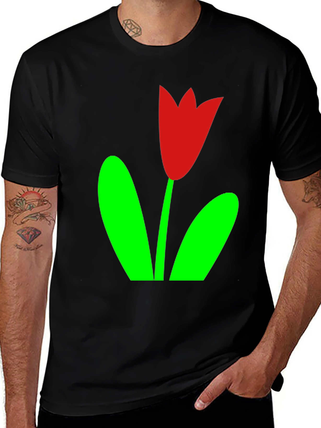 Black T-Shirt with Red Tulip Graphic