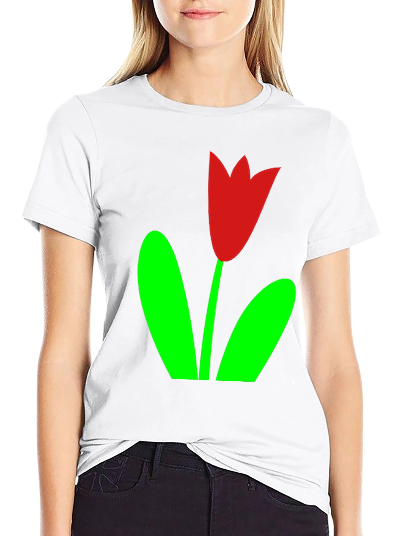 Black T-Shirt with Red Tulip Graphic