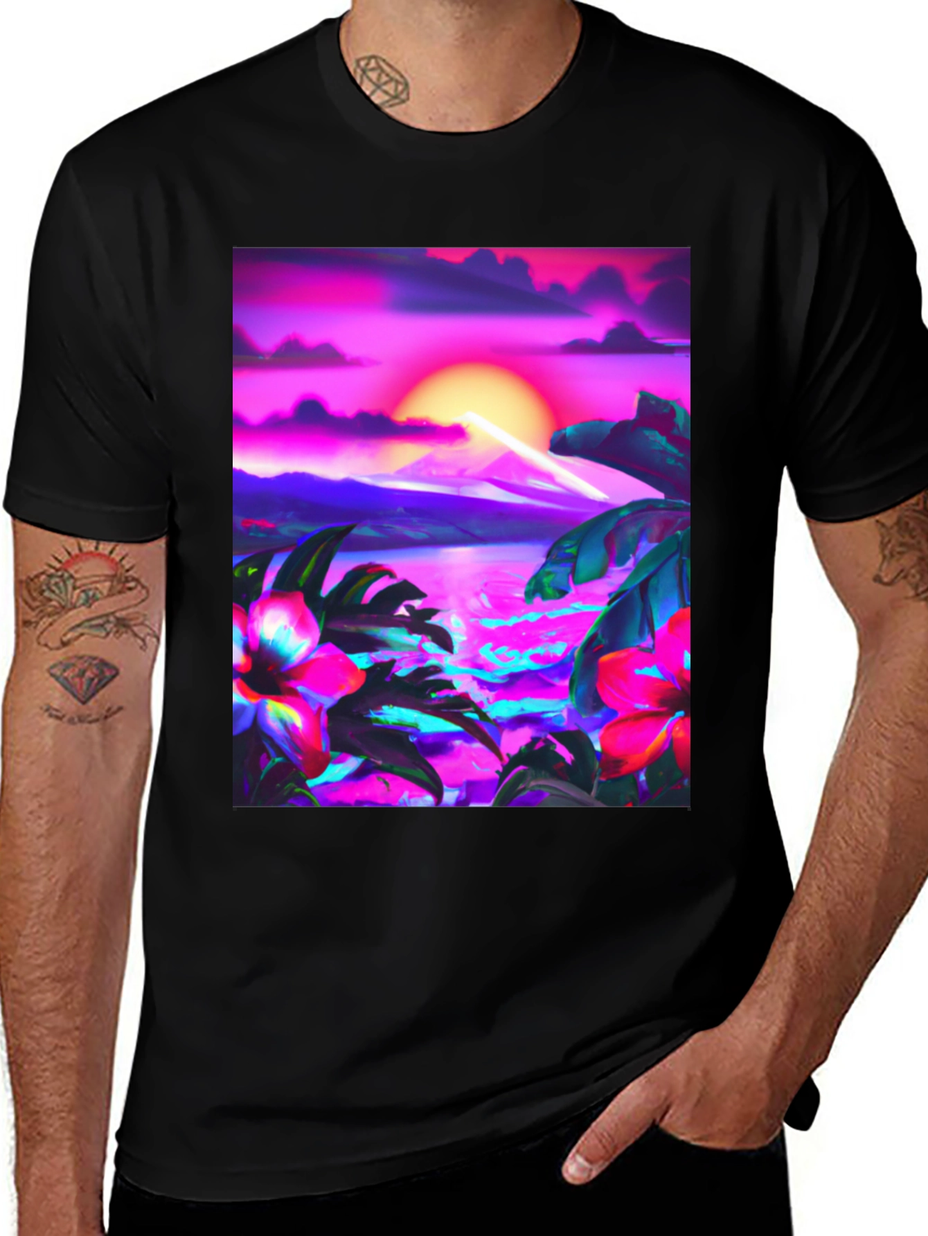 Tropical Sunset Graphic Black T-Shirt