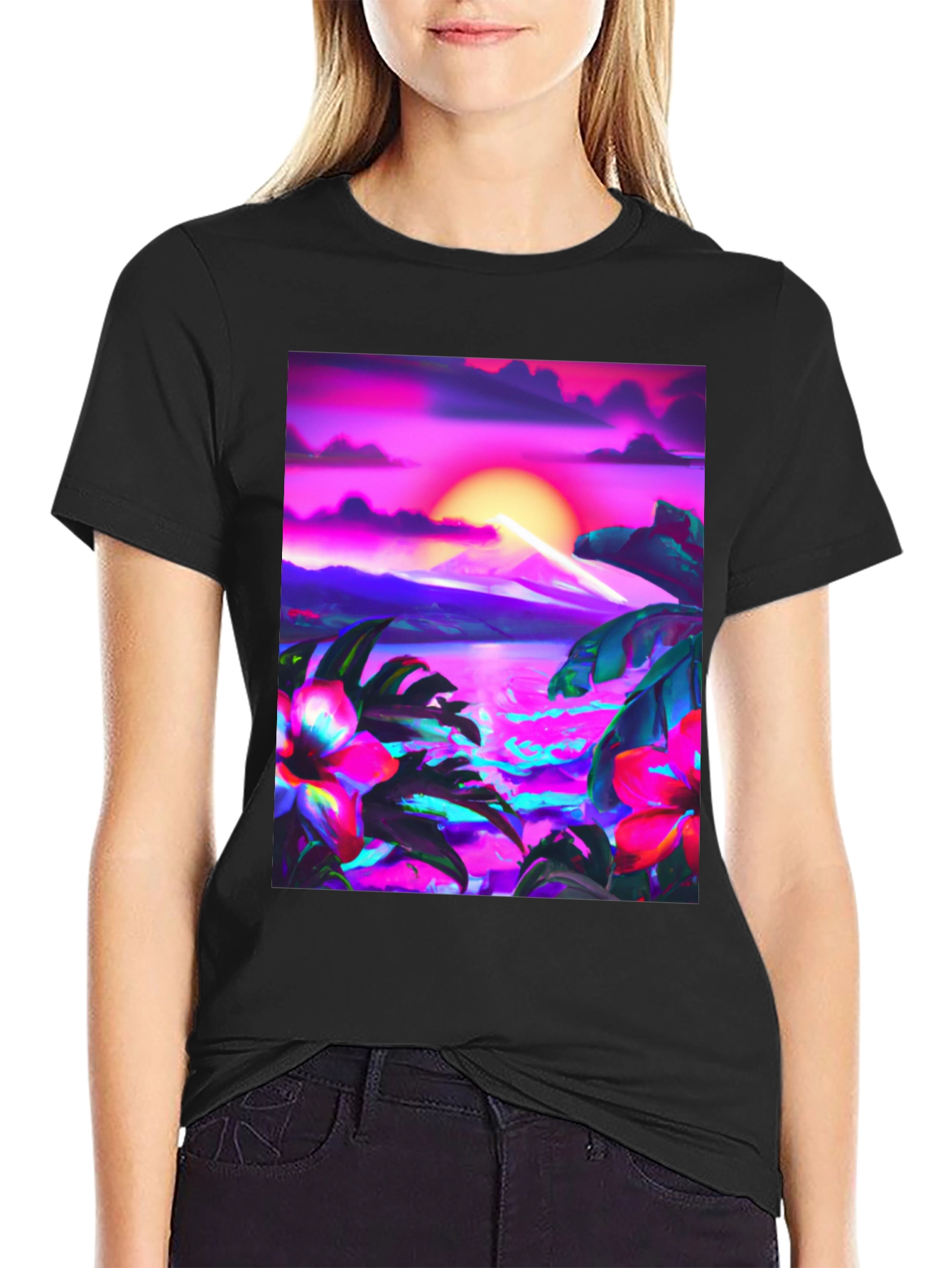 Tropical Sunset Graphic Black T-Shirt