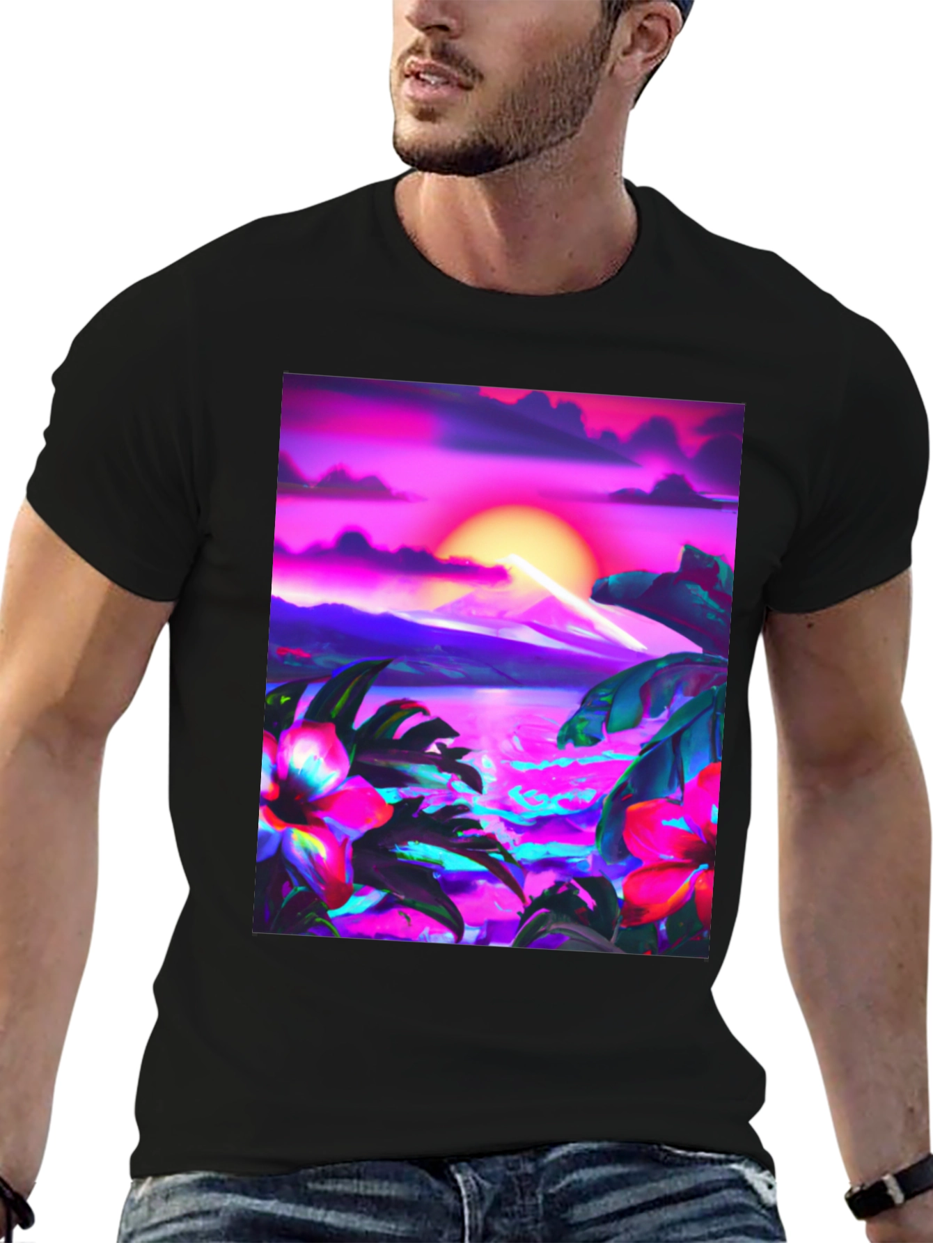 Tropical Sunset Graphic Black T-Shirt