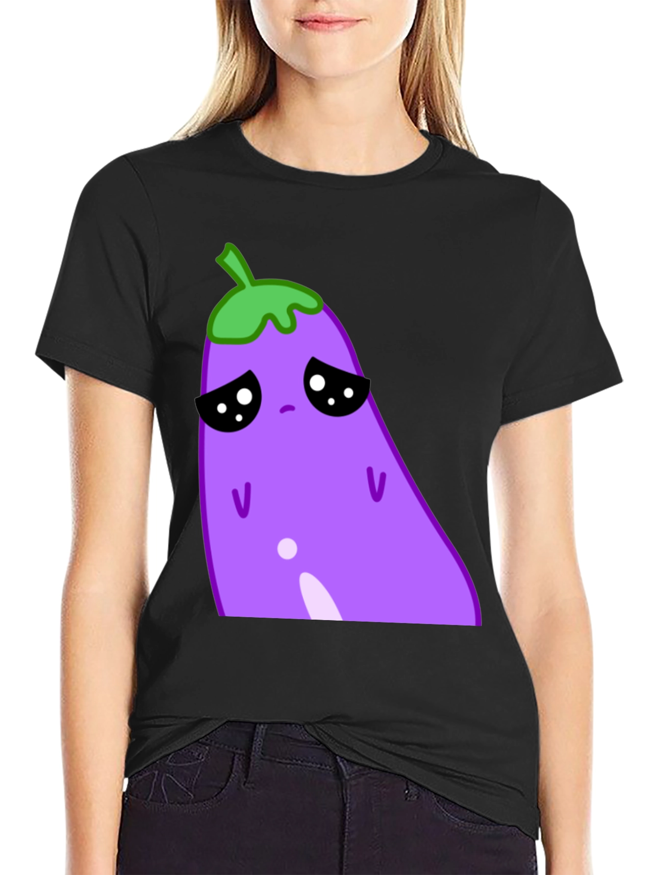Sad Eggplant Graphic Tee - Black Cotton Blend