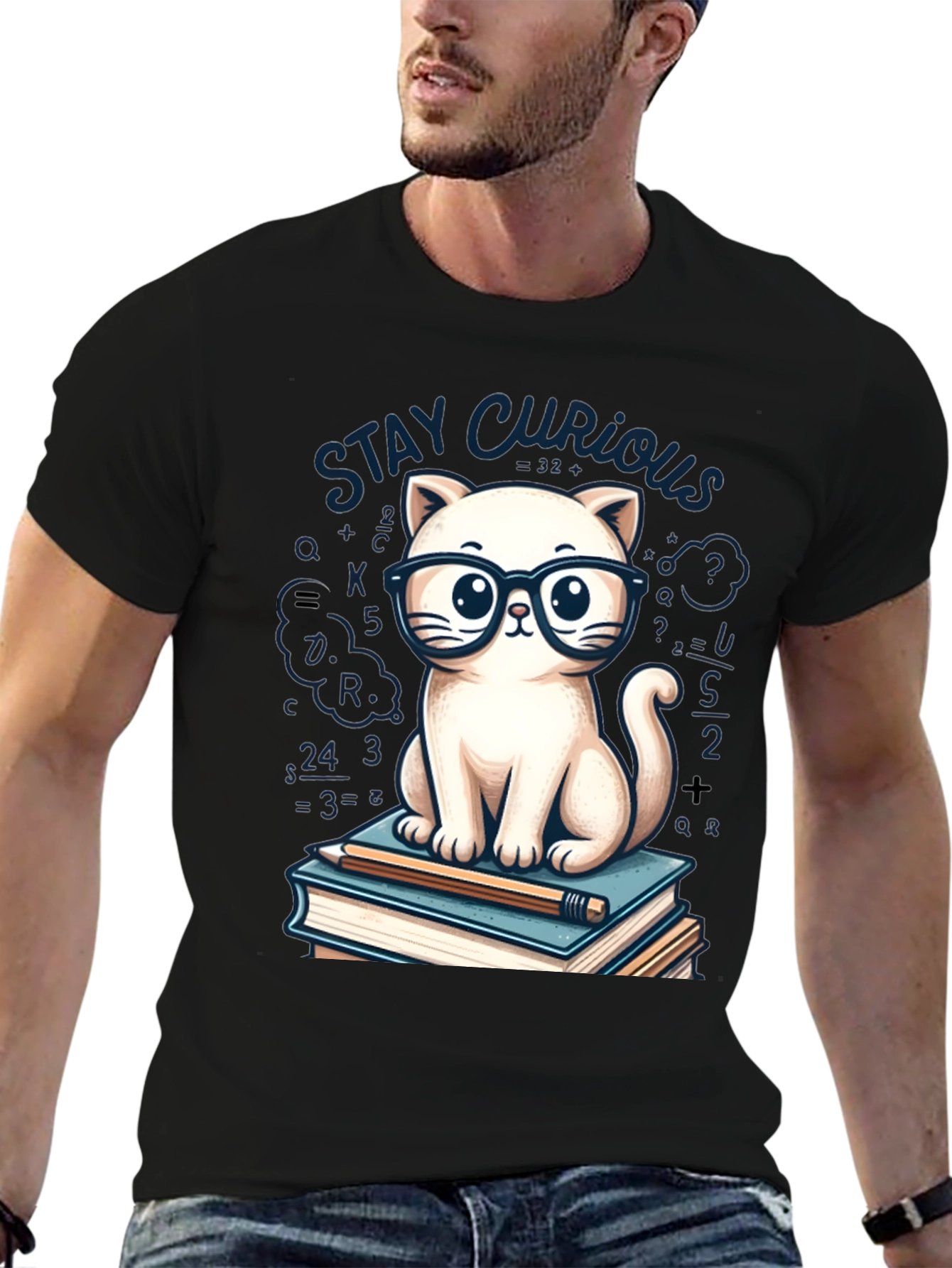 Stay Curious Cat Graphic Tee - Black