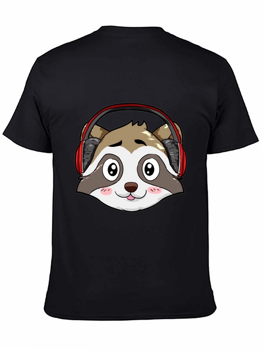 Cartoon Raccoon Headphones Black T-Shirt