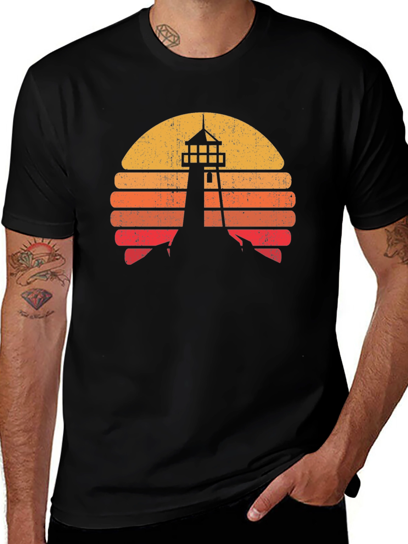 Retro Lighthouse Sunset Graphic Tee - Black