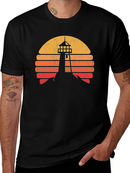 Retro Lighthouse Sunset Graphic Tee - Black