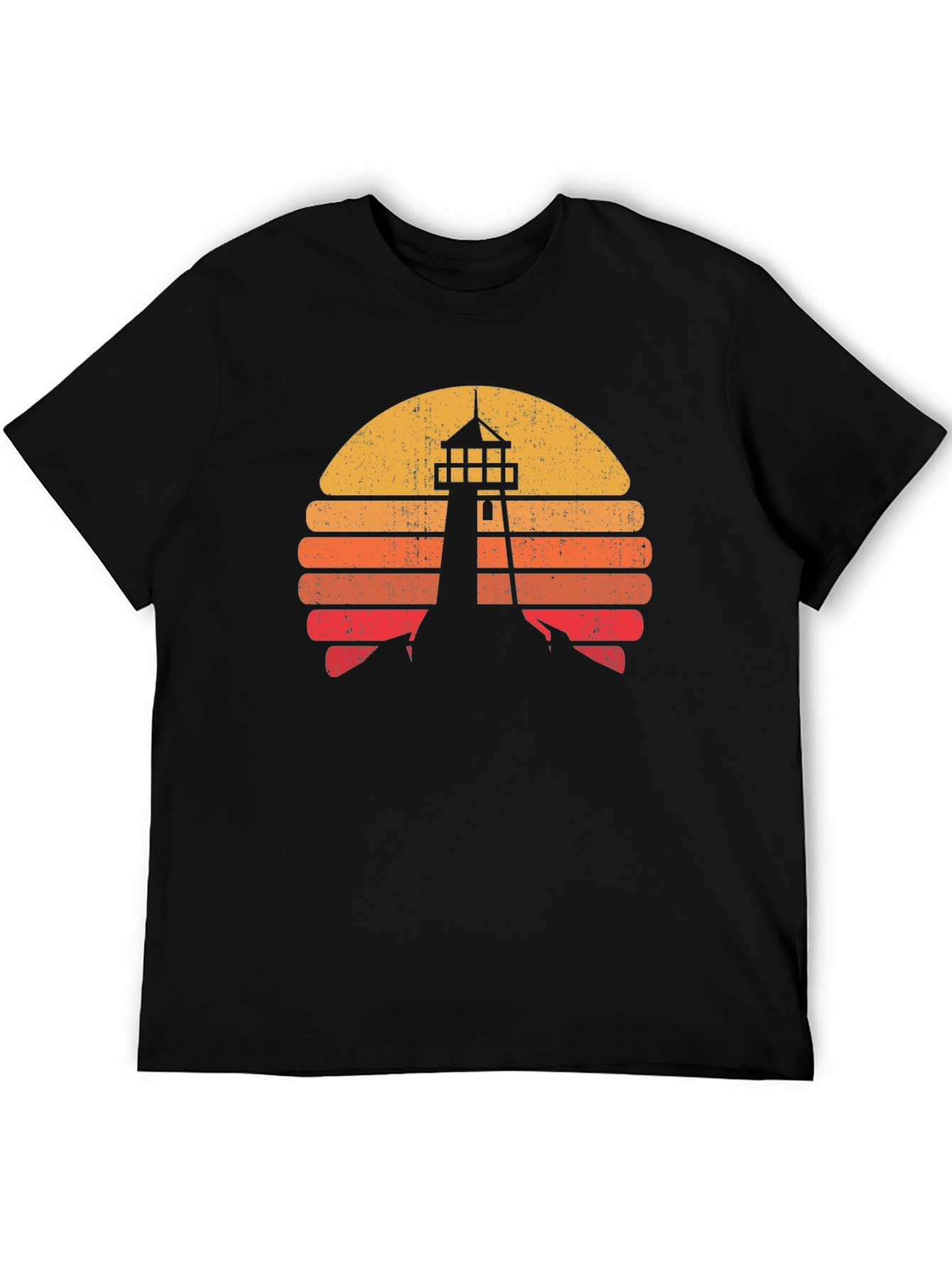 Retro Lighthouse Sunset Graphic Tee - Black