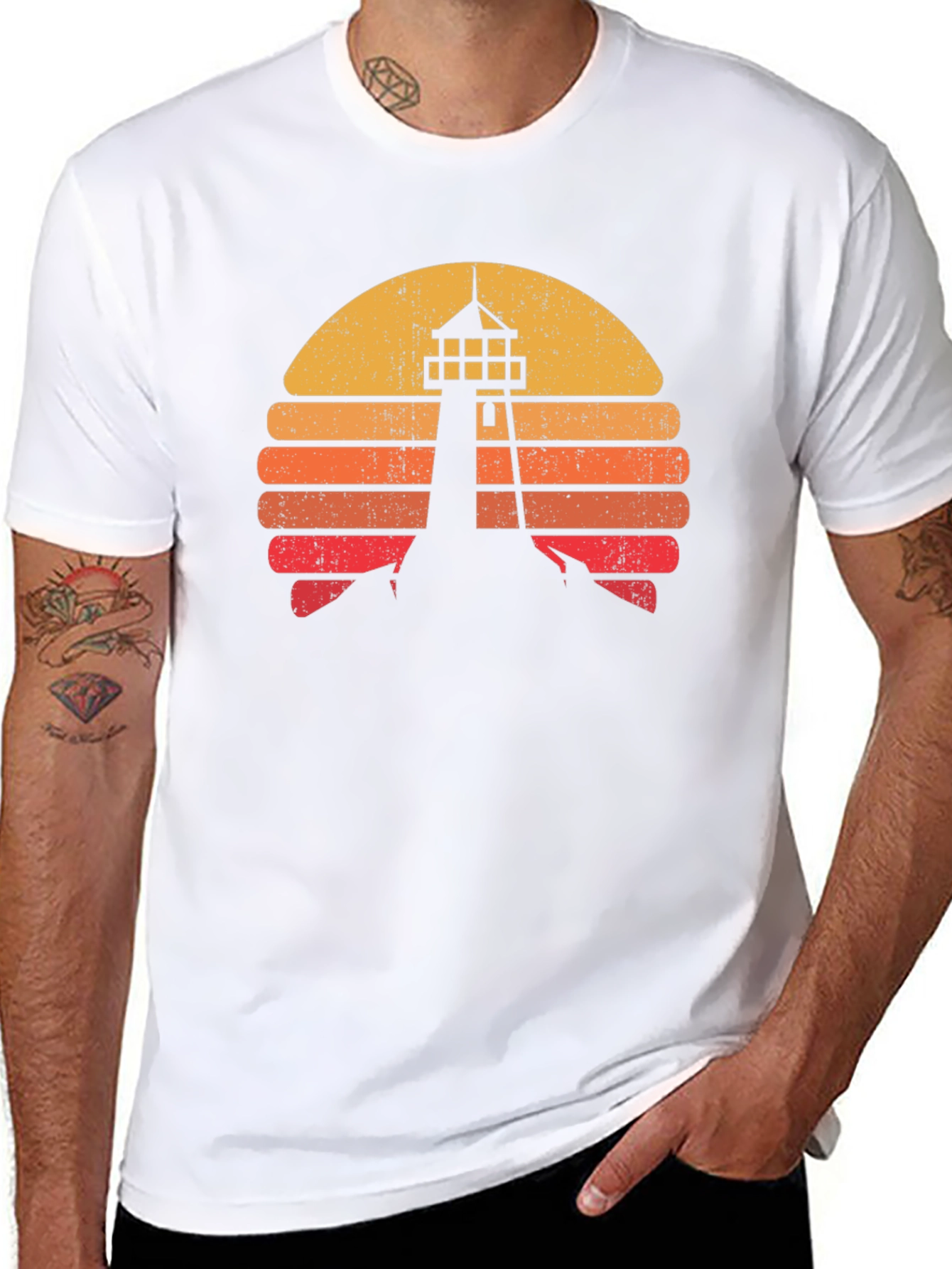 Retro Lighthouse Sunset Graphic Tee - Black