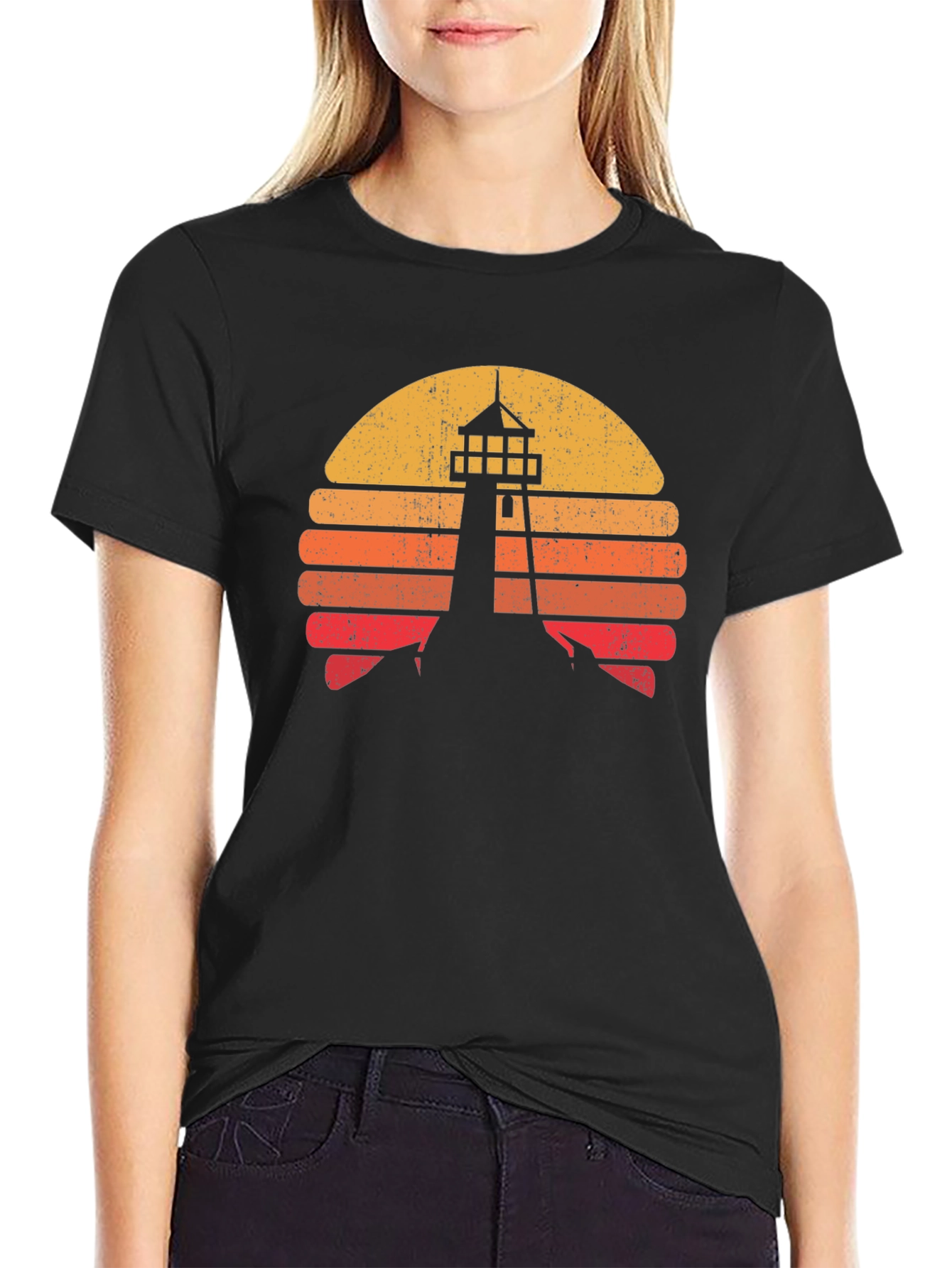 Retro Lighthouse Sunset Graphic Tee - Black