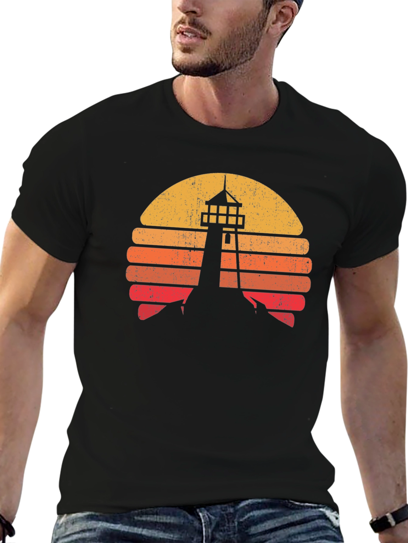 Retro Lighthouse Sunset Graphic Tee - Black