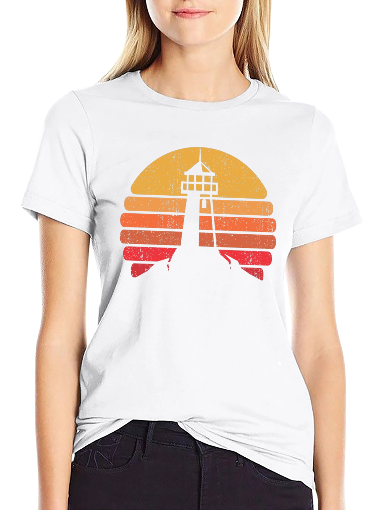 Retro Lighthouse Sunset Graphic Tee - Black