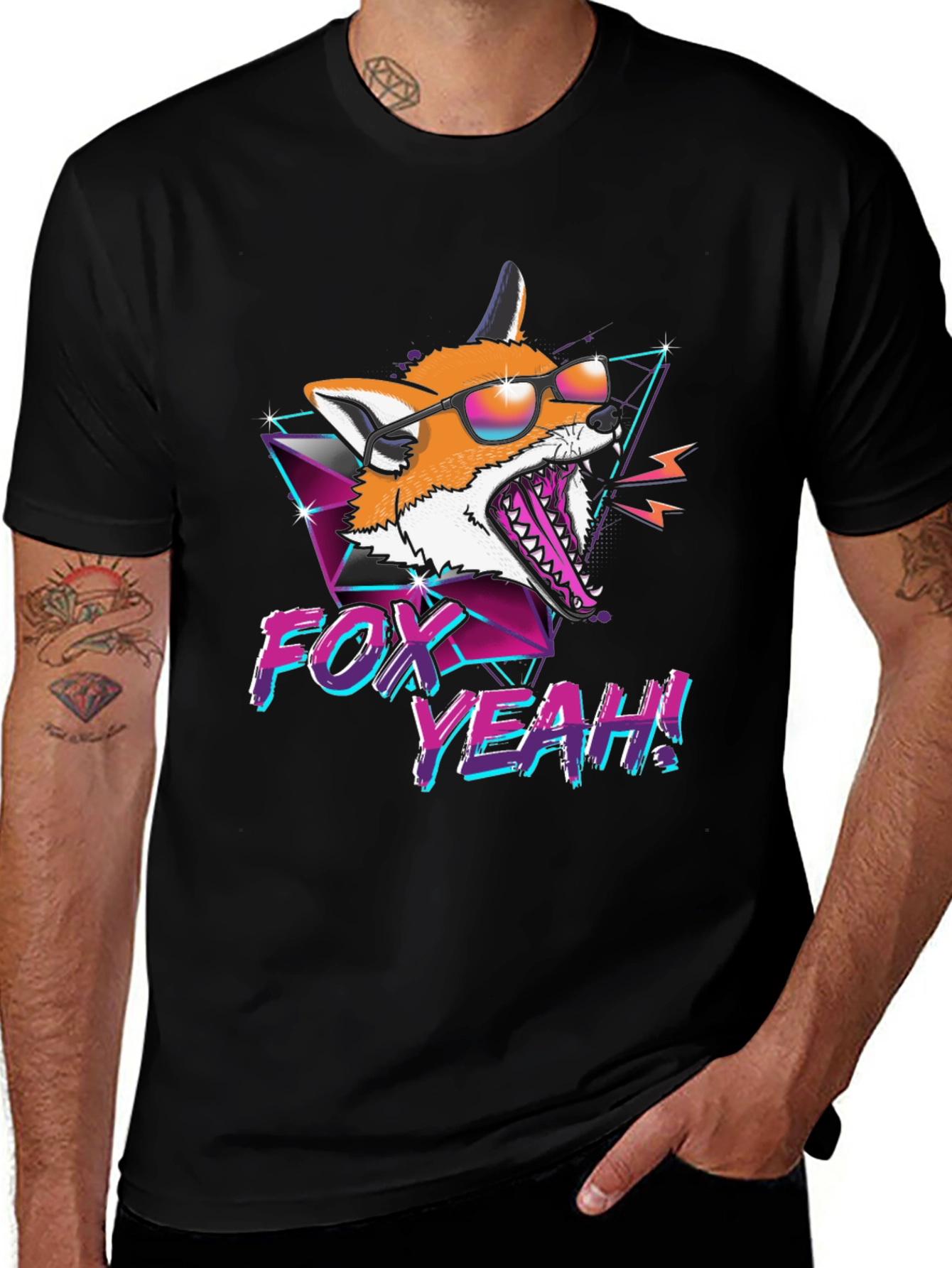 Retro Fox Yeah! Graphic T-Shirt - Black