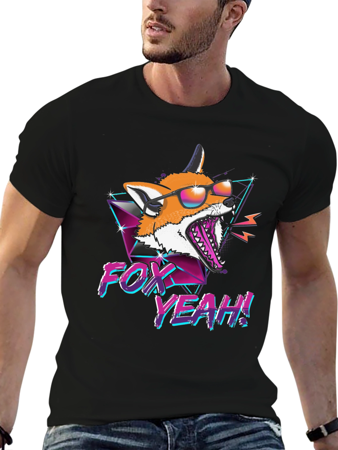 Retro Fox Yeah! Graphic T-Shirt - Black