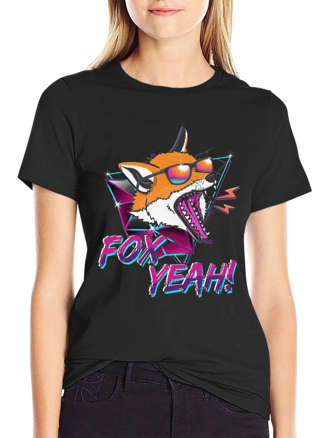 Retro Fox Yeah! Graphic T-Shirt - Black
