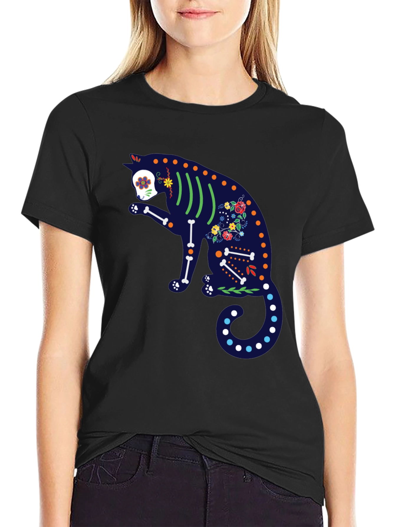 Sugar Skull Cat Graphic T-Shirt