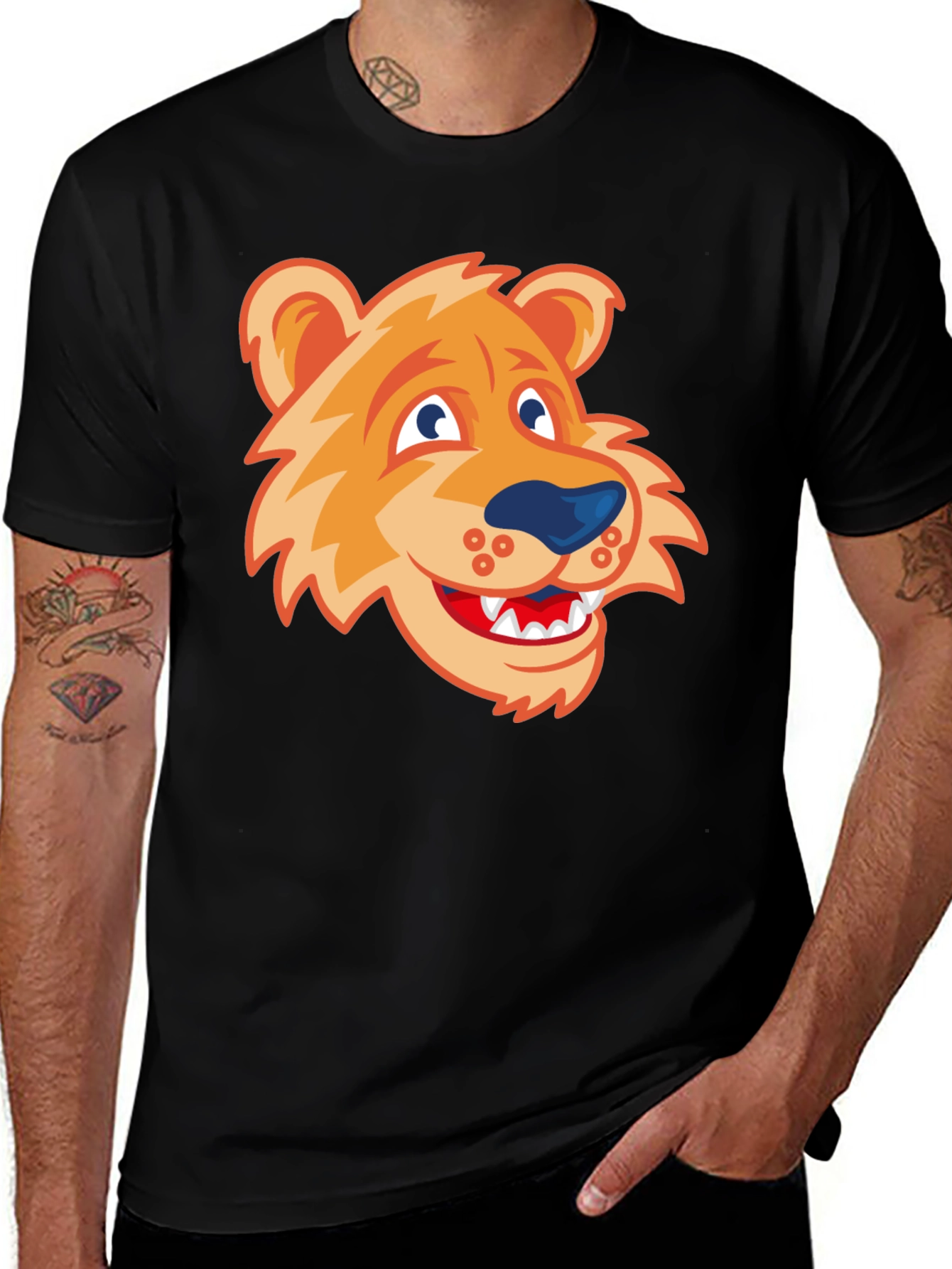 Cartoon Lion Graphic Tee - Black