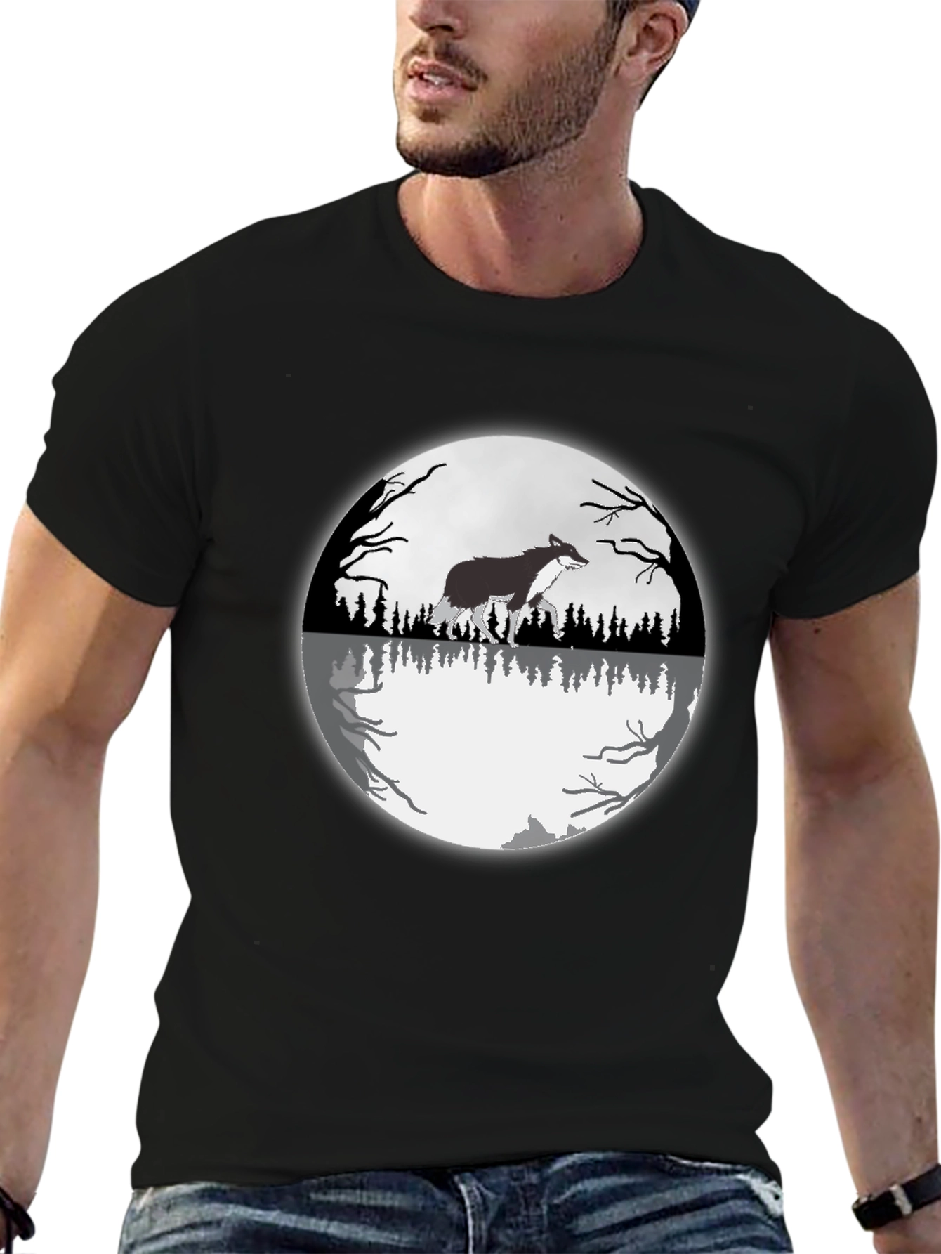 Wolf Moon Reflection Graphic Tee - Black