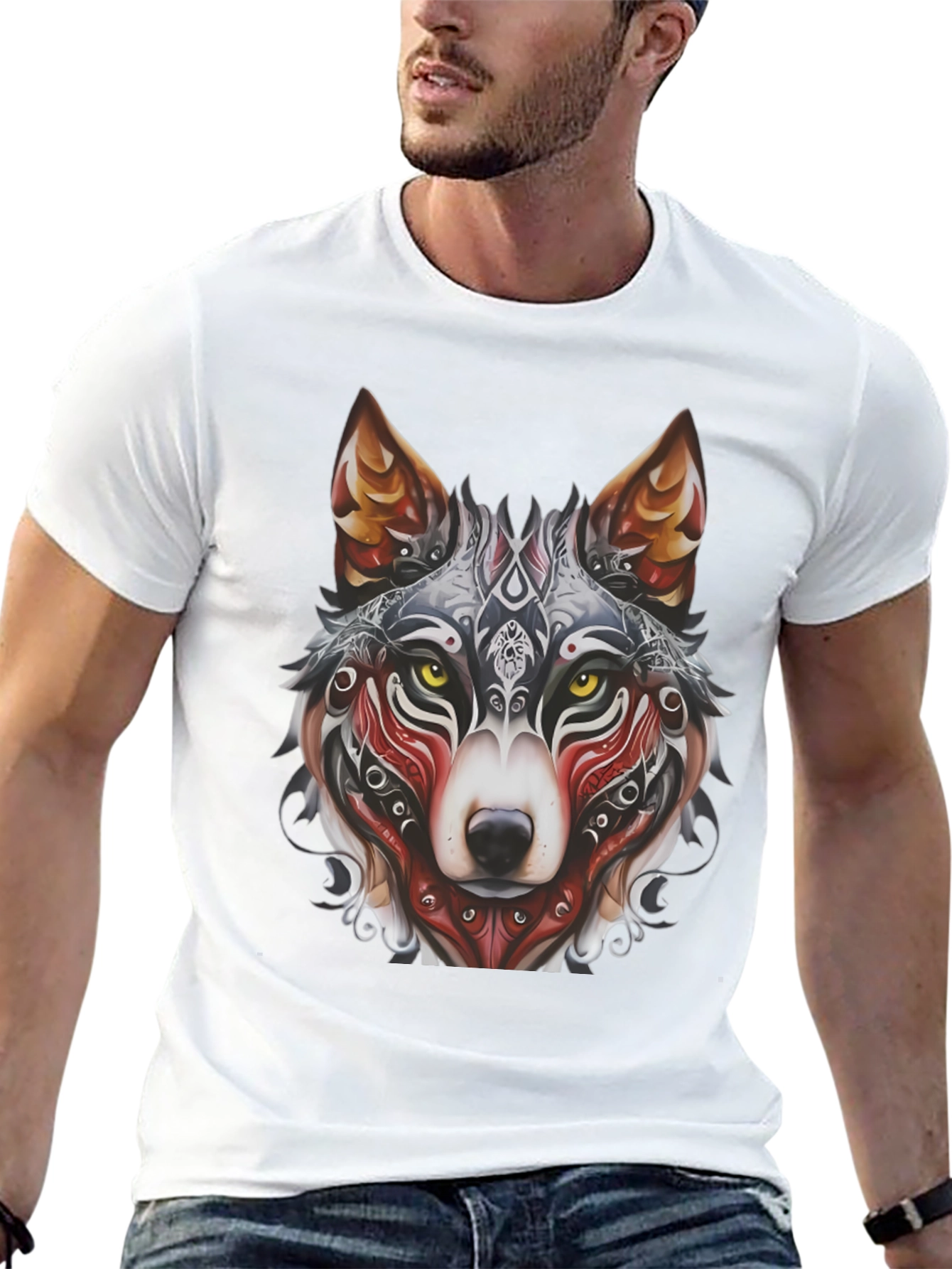 Wolf Graphic Black T-Shirt - Tribal Design