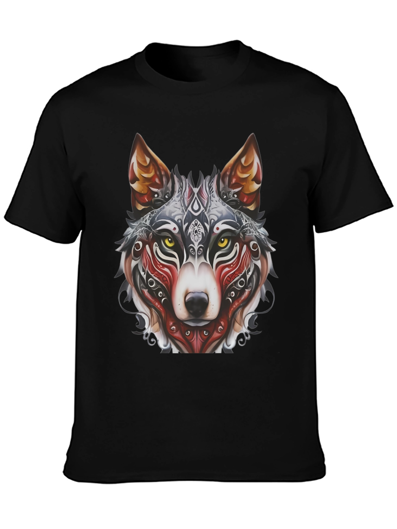 Wolf Graphic Black T-Shirt - Tribal Design