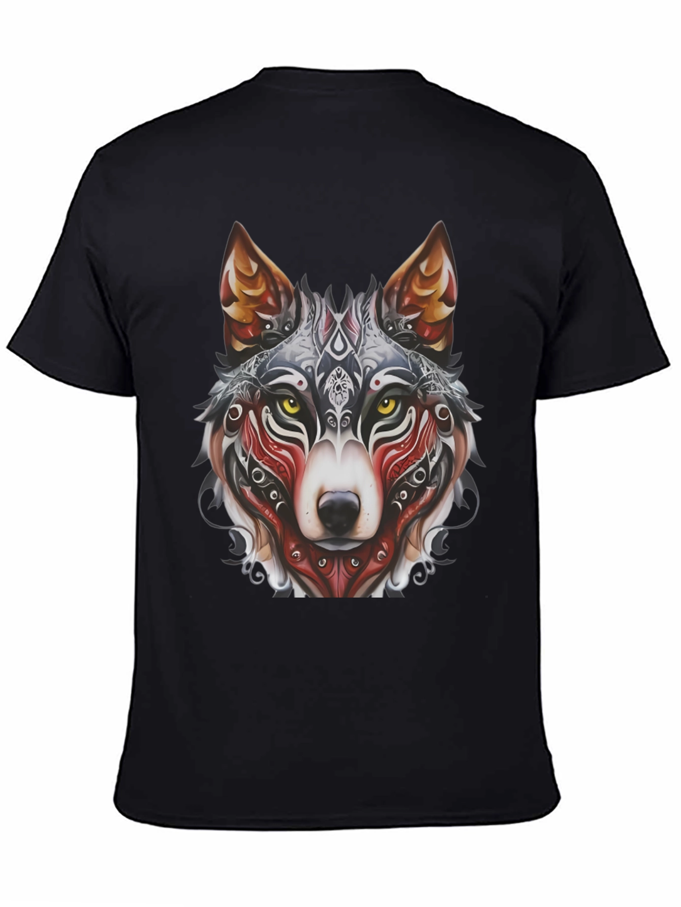 Wolf Graphic Black T-Shirt - Tribal Design