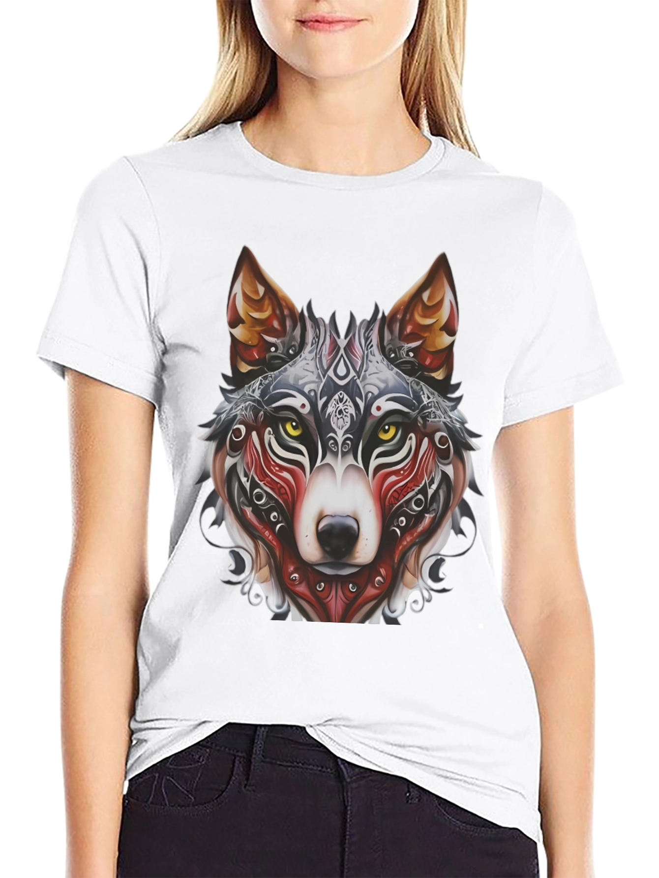 Wolf Graphic Black T-Shirt - Tribal Design