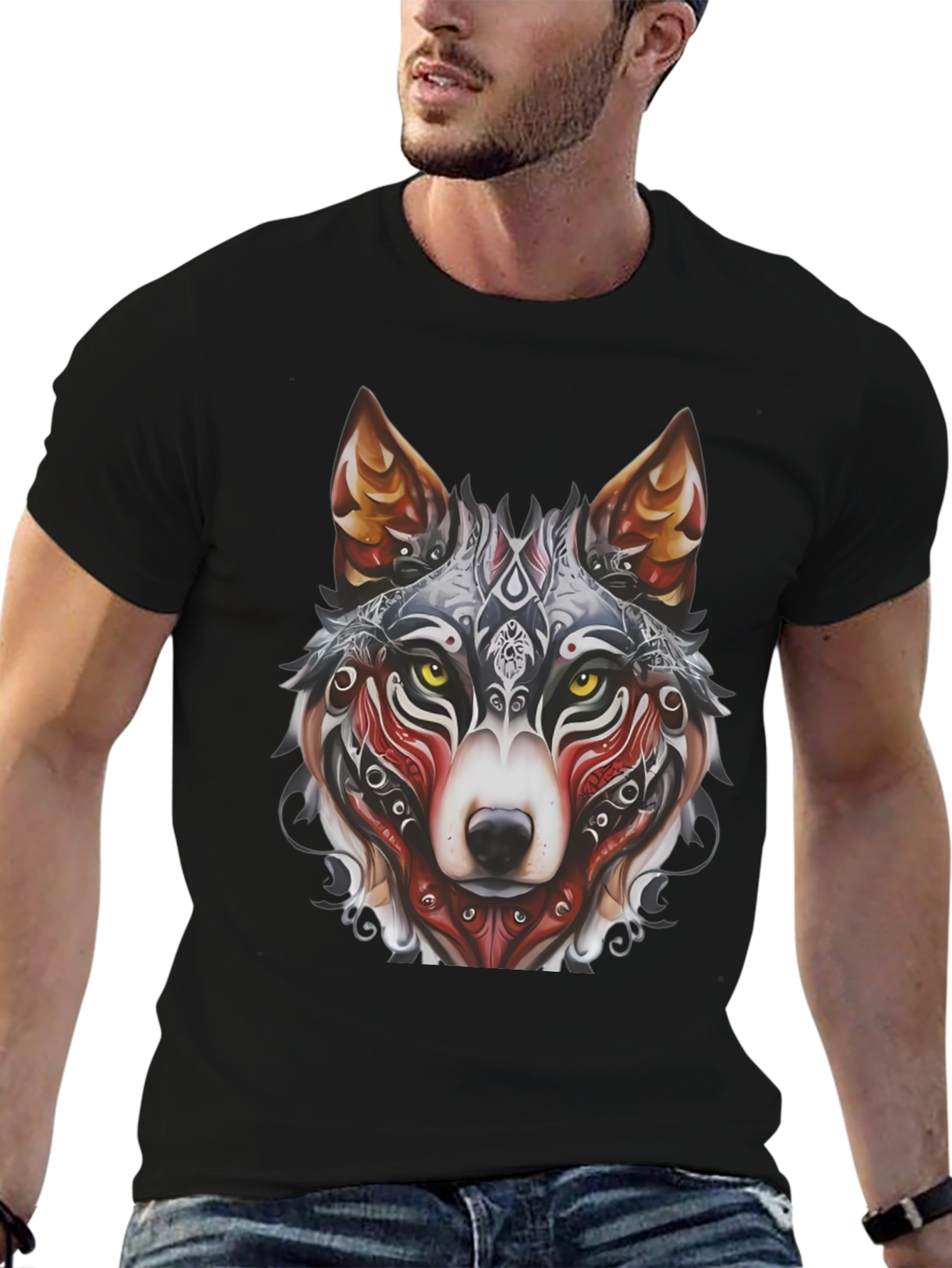 Wolf Graphic Black T-Shirt - Tribal Design