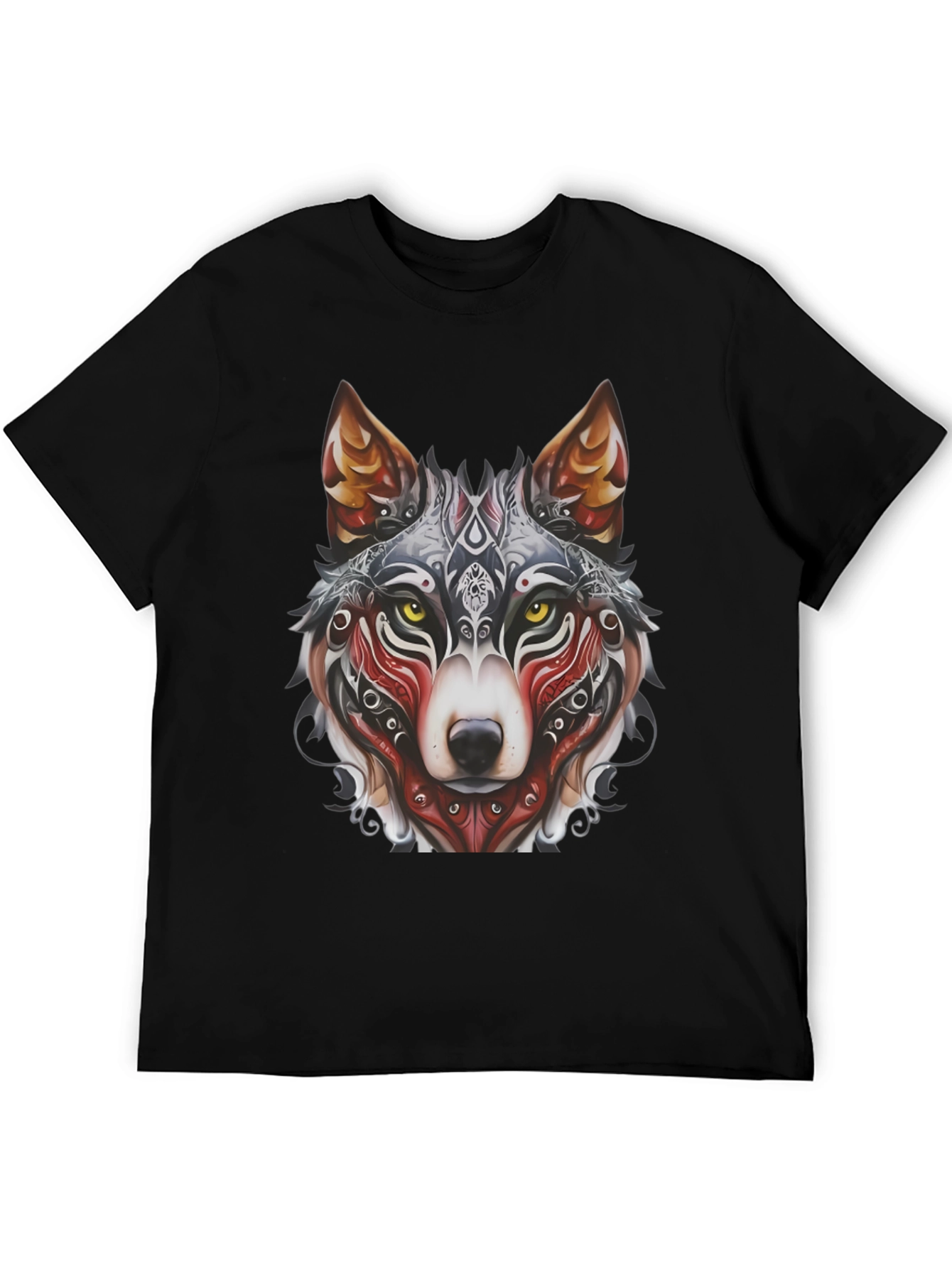 Wolf Graphic Black T-Shirt - Tribal Design
